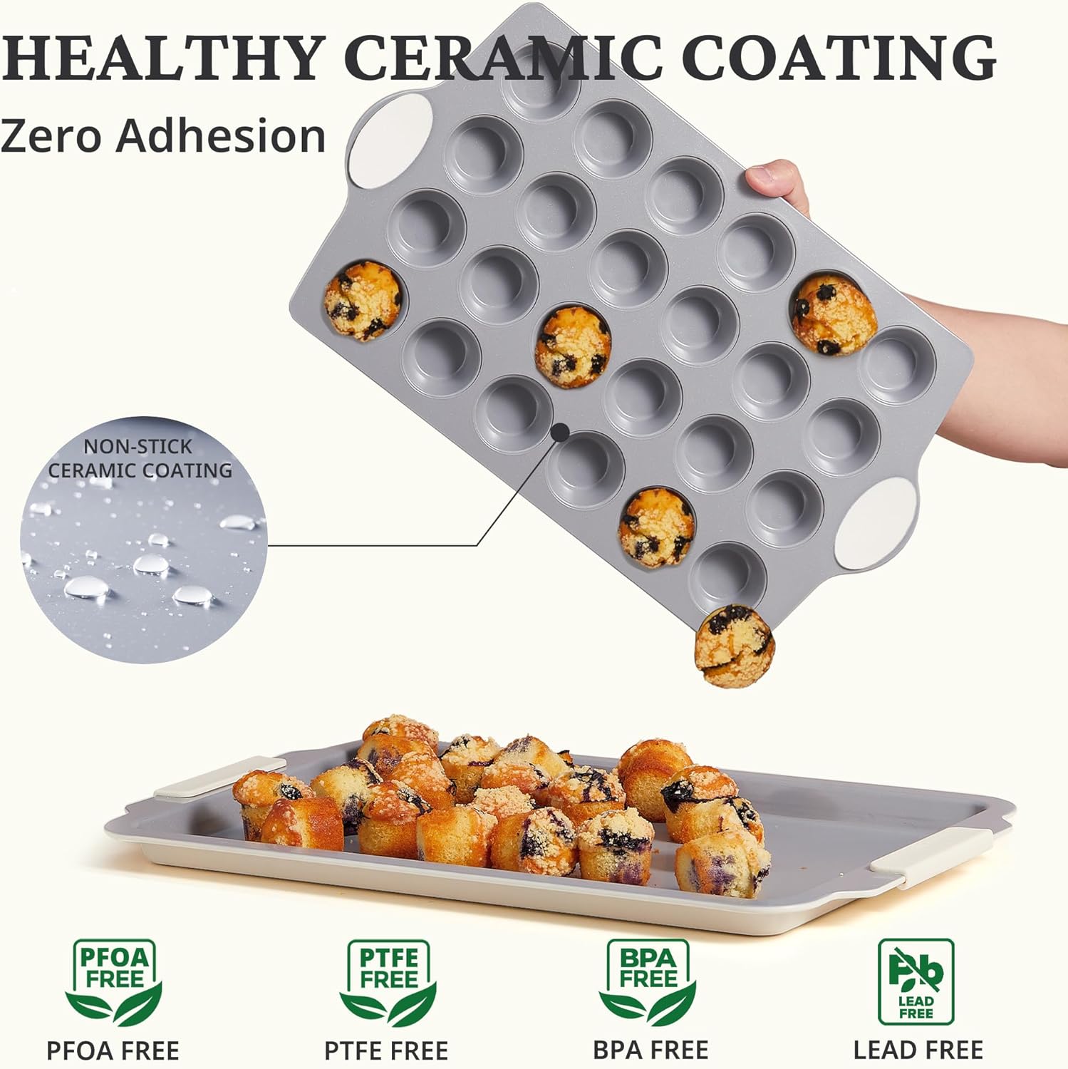 Detalle de BRONYPRO 24-Cup Nonstick Ceramic Mini Muffin Pan & Cupcake Tin (Cream White) — PFOA/PFAS-Free, Oven & Dishwasher Safe
