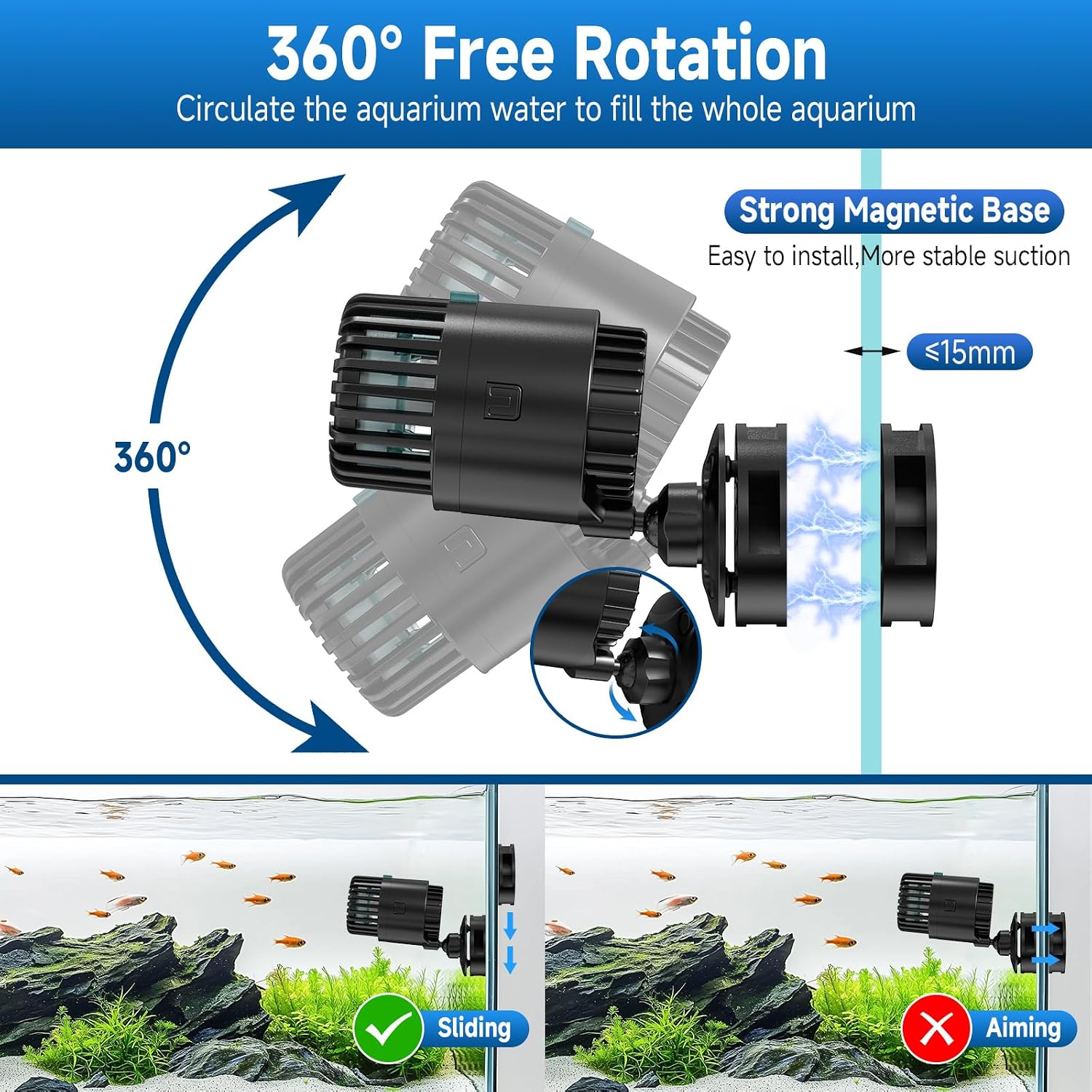 Detalle 2 de AQQA Aquarium Wave Maker Pump (12W) – Ultra quiet 360° adjustable circulation powerhead for 280–560L tanks