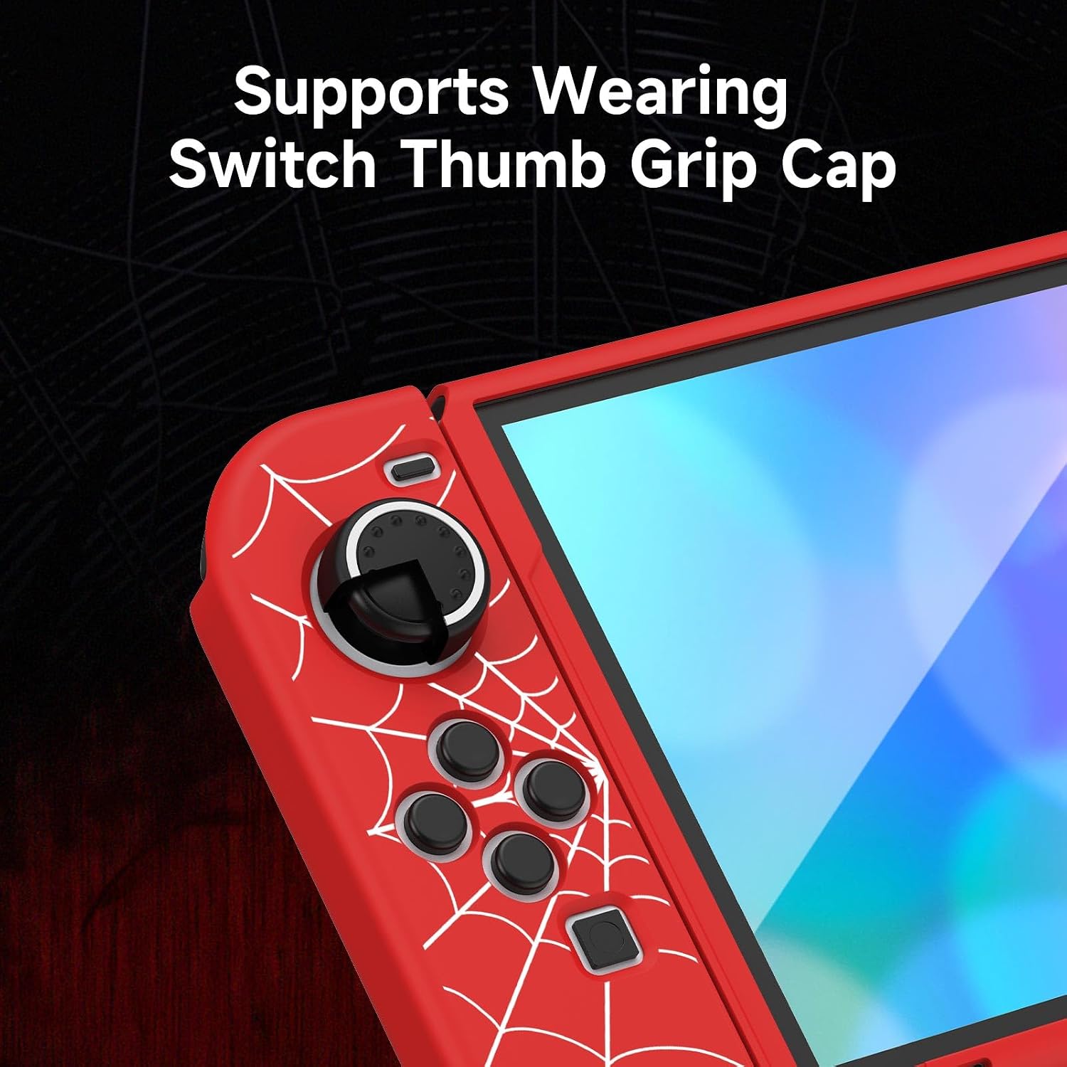 Detalle de JINGDU TPU Case for Nintendo Switch OLED (2021) with 4 Thumb Grips – Red Spider Web