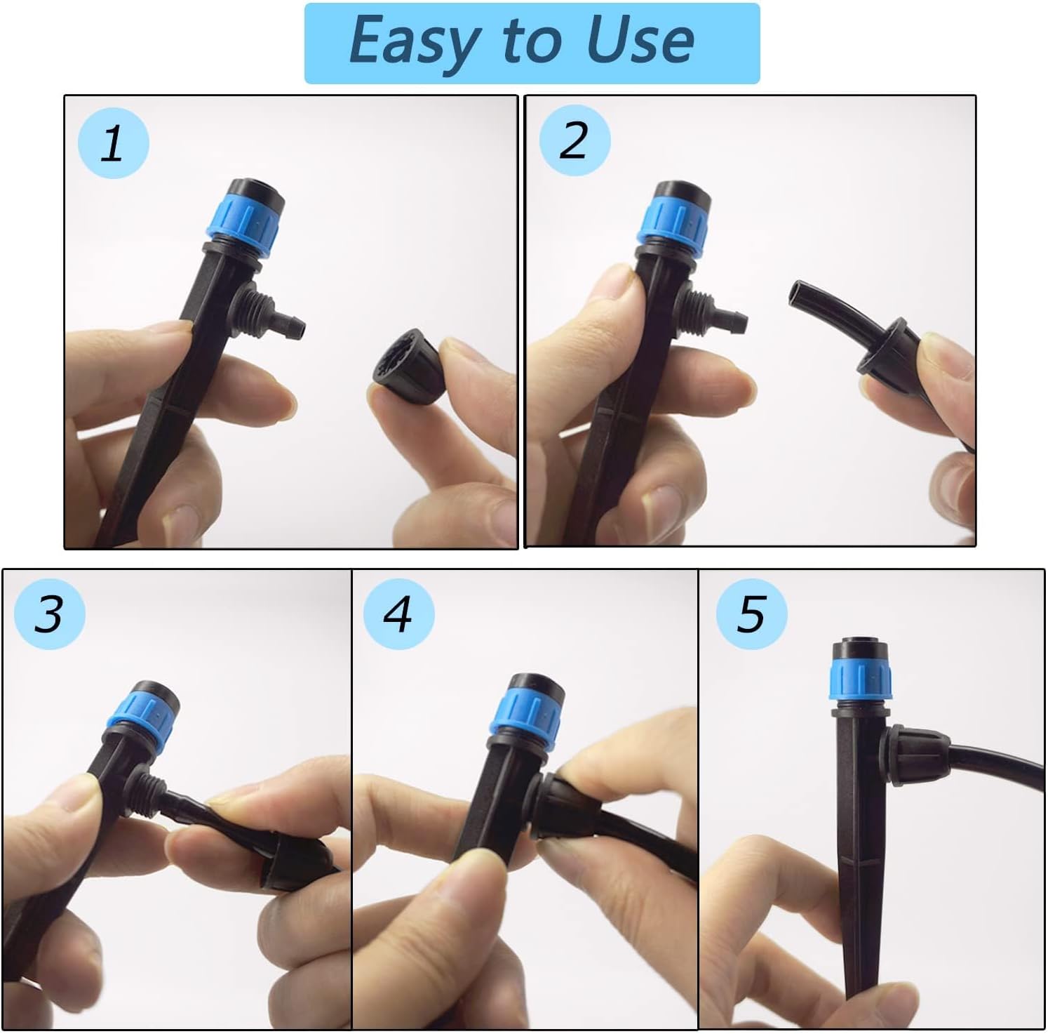 Detalle 2 de Emettitori per irrigazione a goccia da 100 pezzi con picchetto e spruzzatore a ventola regolabile 360° per tubo da 1/4