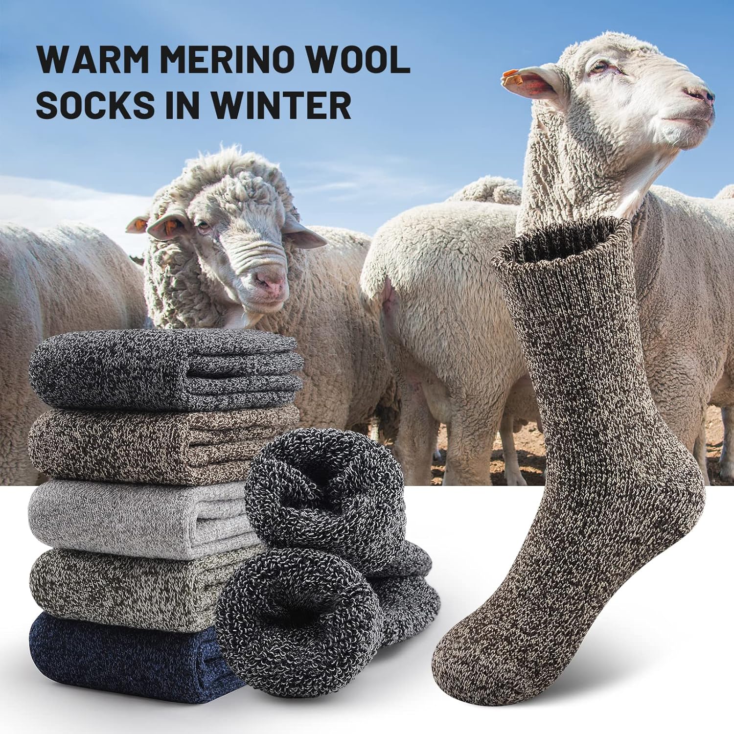 Detalle de SIMIYA Merino Wool Socks for Men (5 Pairs) – Thick Thermal Hiking Crew Socks