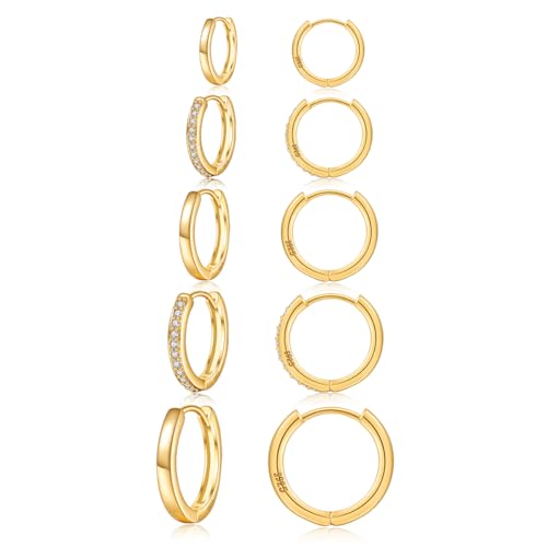 Detalle de JEMARA Gold Hoops Earrings – 5 Pairs of 14K Gold Plated Hypoallergenic Small Hoops