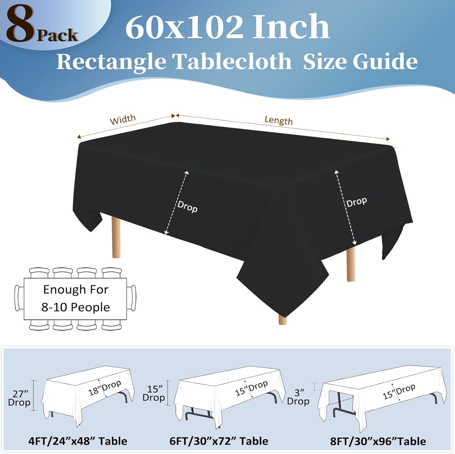 Thumbnail 1 de 8 Pack Black Tablecloths 60x102 Inch for 6ft Tables 📋