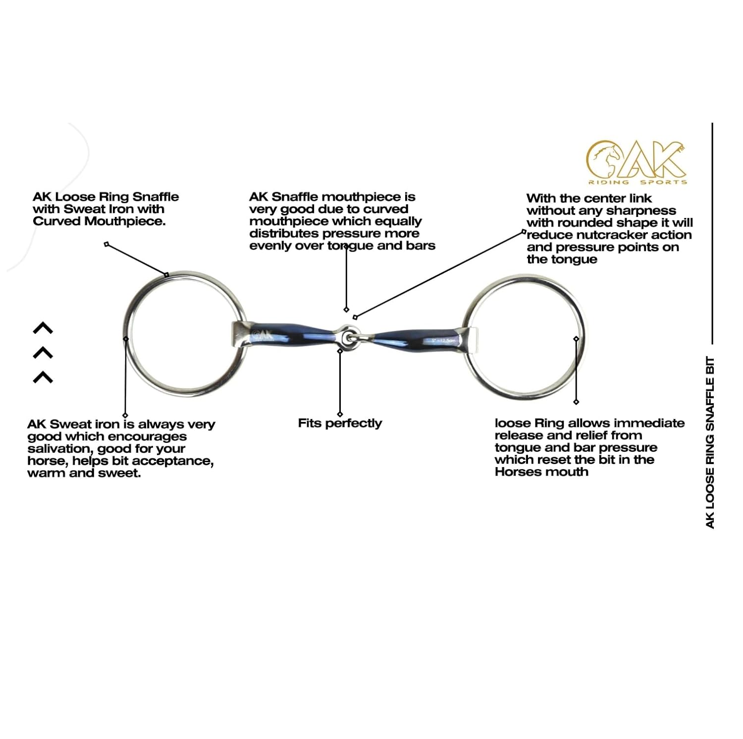 Detalle de AK Loose Ring Snaffle with Sweat Iron and Curved Mouthpiece (5.25in, Blue-Silver) horse riding bit