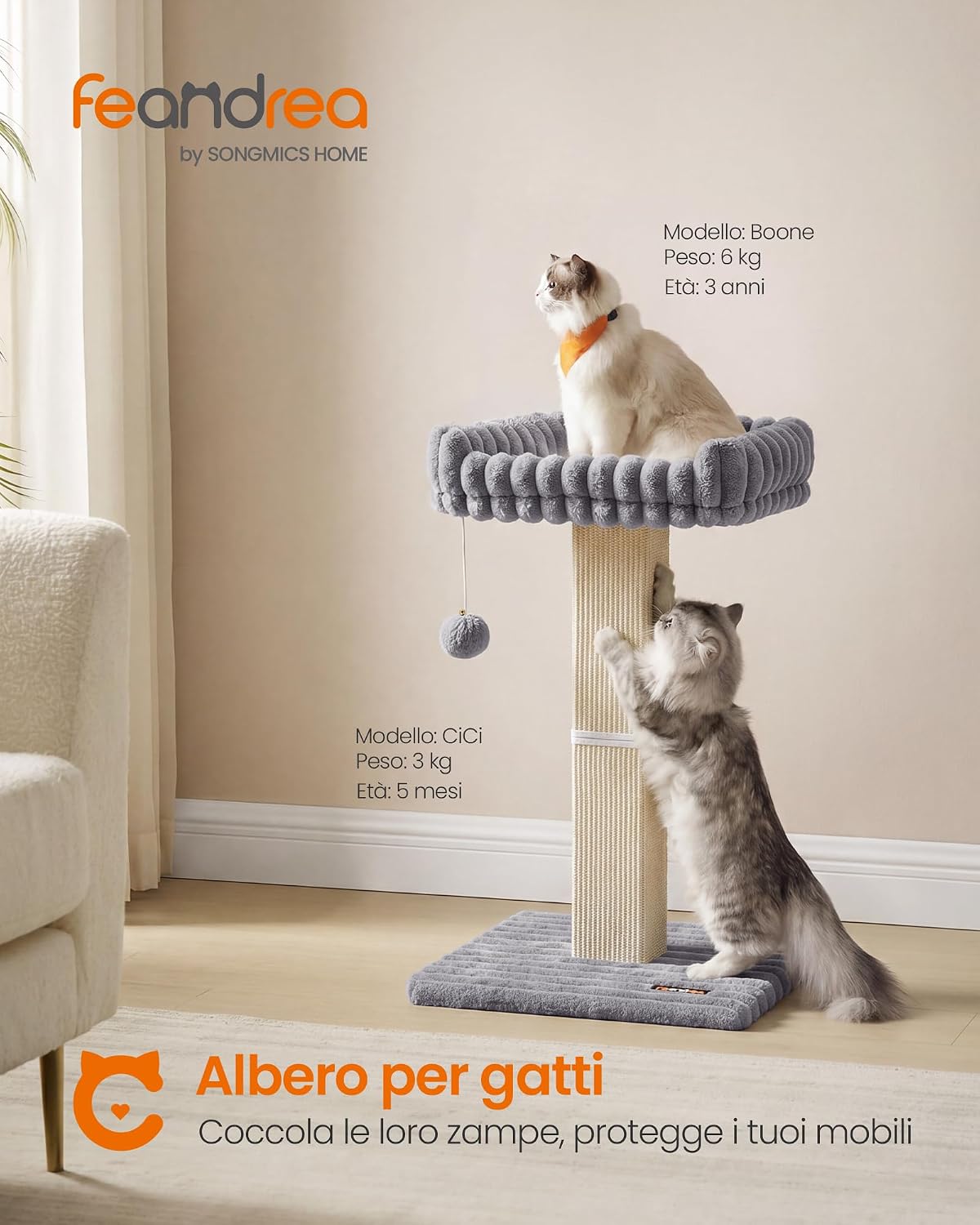 Thumbnail 1 de Feandrea Tiragraffi per Gatti Adulti – Colonna in Sisal con Piattaforma Lavabile (Grigio, 45 x 40 x 71 cm) – Collezione CLAWFY PCA022G201