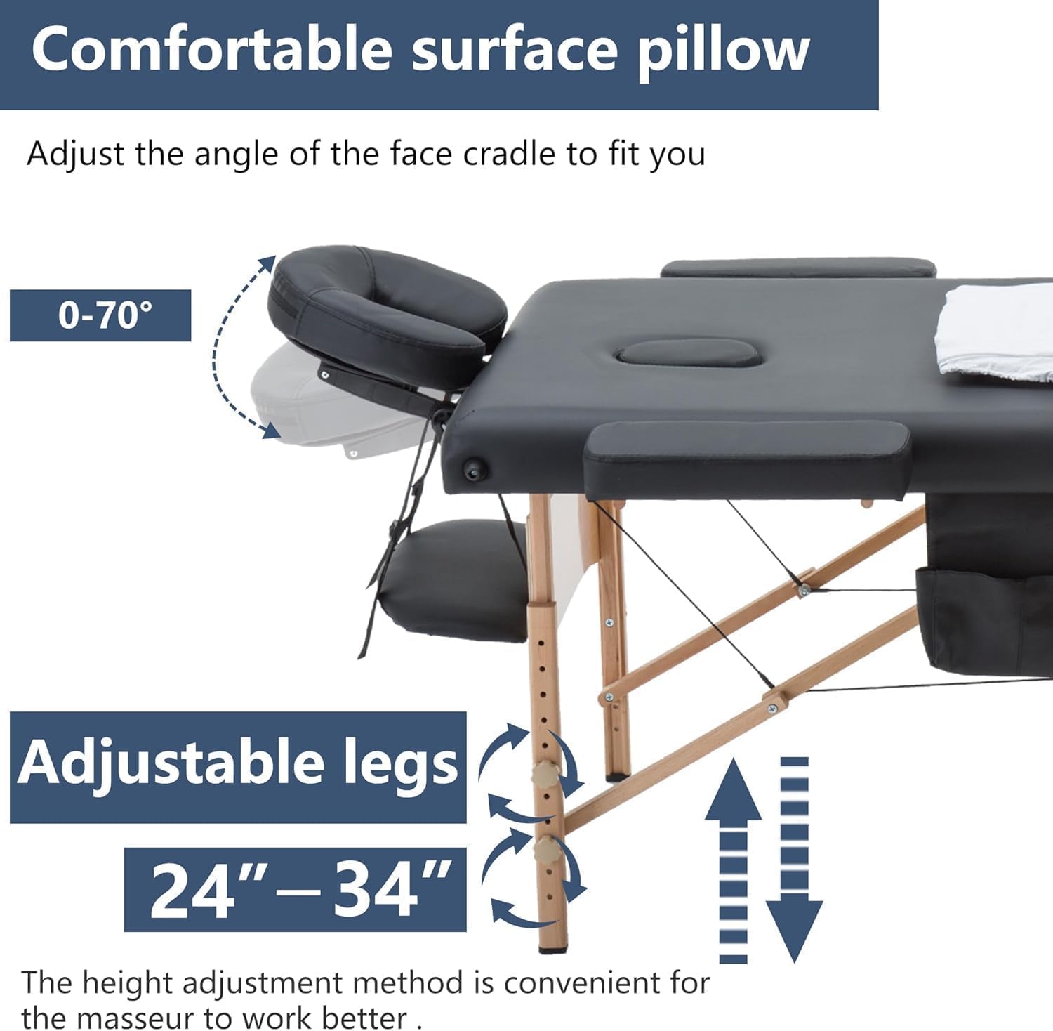 Thumbnail 3 de BestMassage MT-T3SF2-Black Portable Massage Table, 73" x 28", Adjustable Height