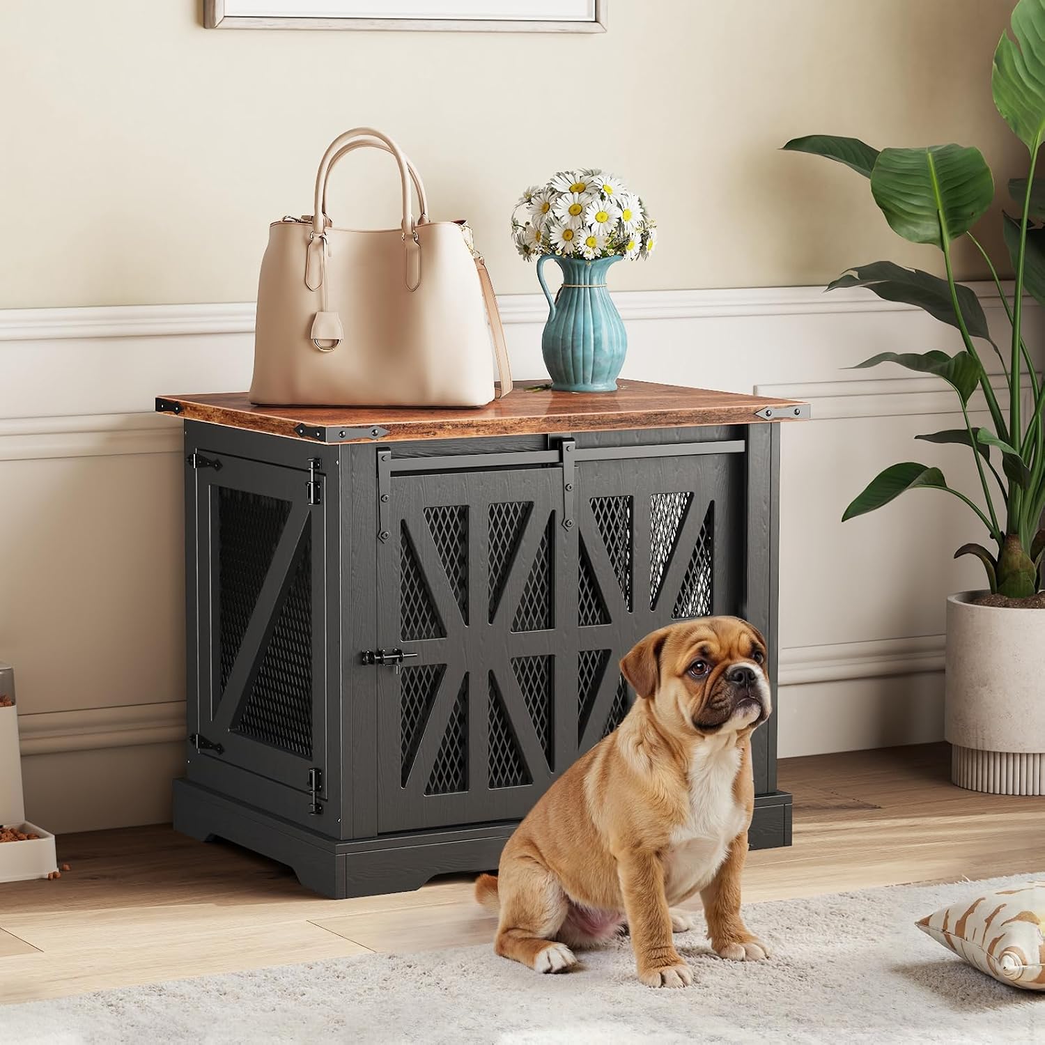 Detalle de Dog Cage Furniture: 70cm Three-Door Wooden Dog Cage with Sliding Doors (Black)