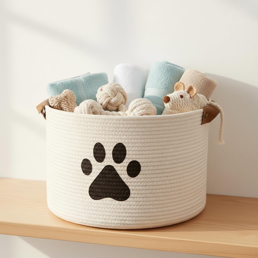 Detalle de Morezi large beige cotton pet toy storage basket with handles (40cm D x 27cm H)