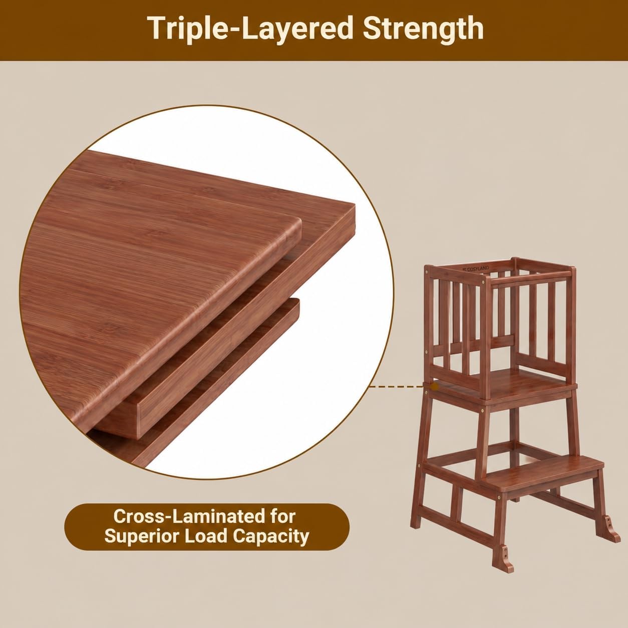 Detalle de COSYLAND Toddler Standing Tower for Kitchen – Wooden Learning Stool in Brown