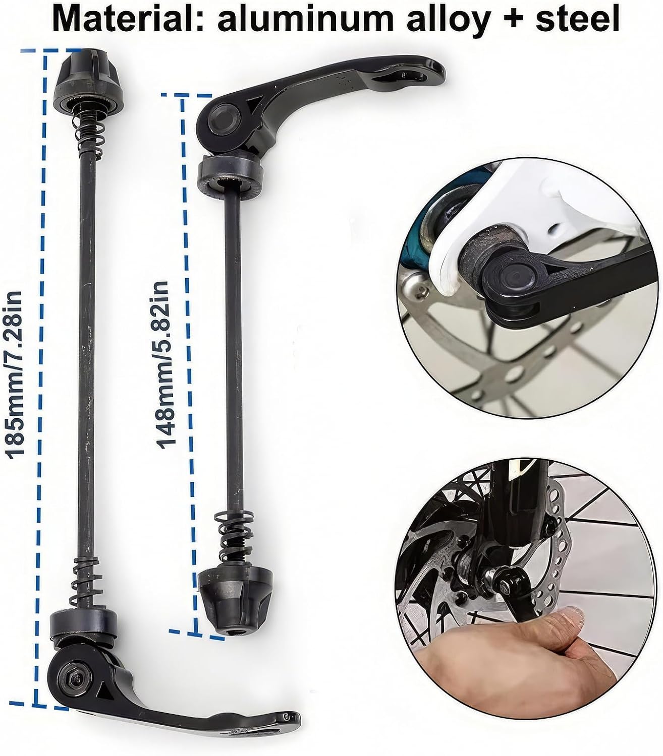 Detalle de Unxuey 2 Pairs Bike Quick Release Skewer Set (Front 145mm, Rear 185mm) – Aluminium Alloy Lever Axles