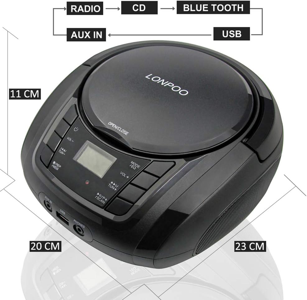 Detalle de LONPOO Lettore CD Portatile con Bluetooth, radio FM e USB (nero)