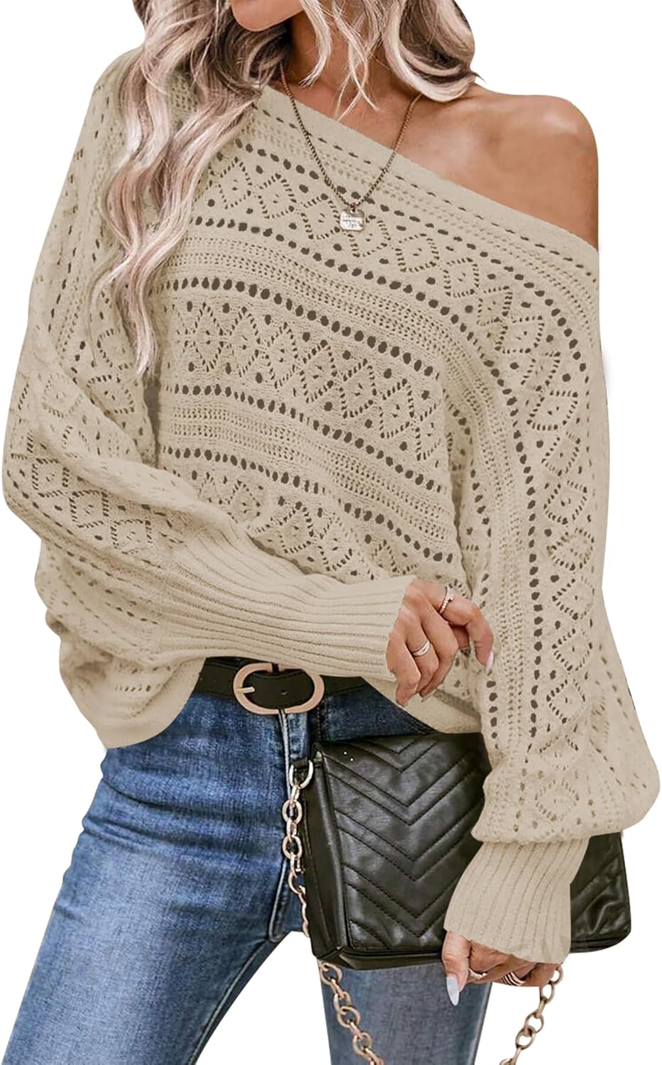 Detalle de Cakulo Off-Shoulder Oversized Knit Sweater 2025