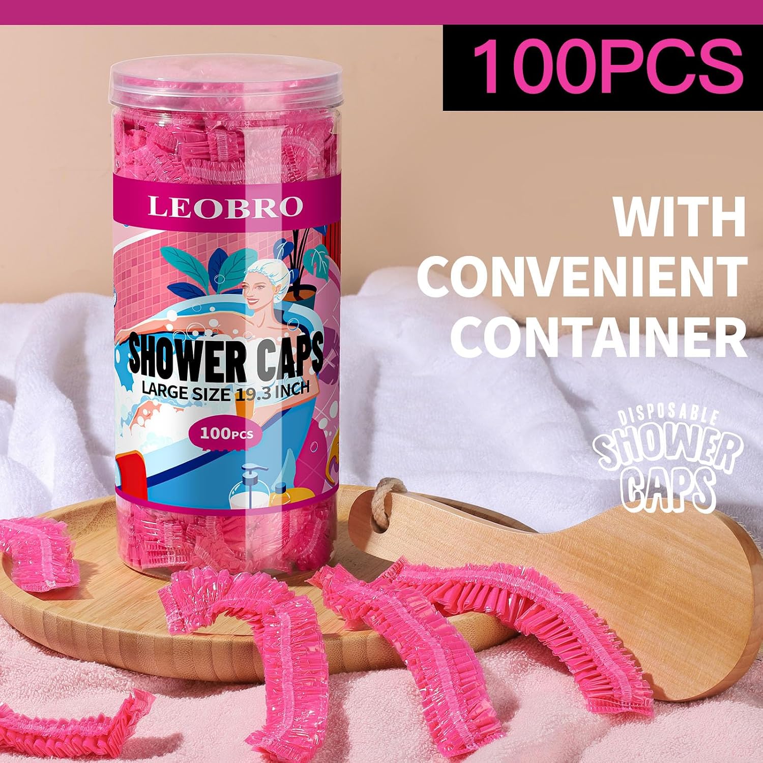 Detalle de LEOBRO Disposable Shower Caps, Large Pink, 100-Pack