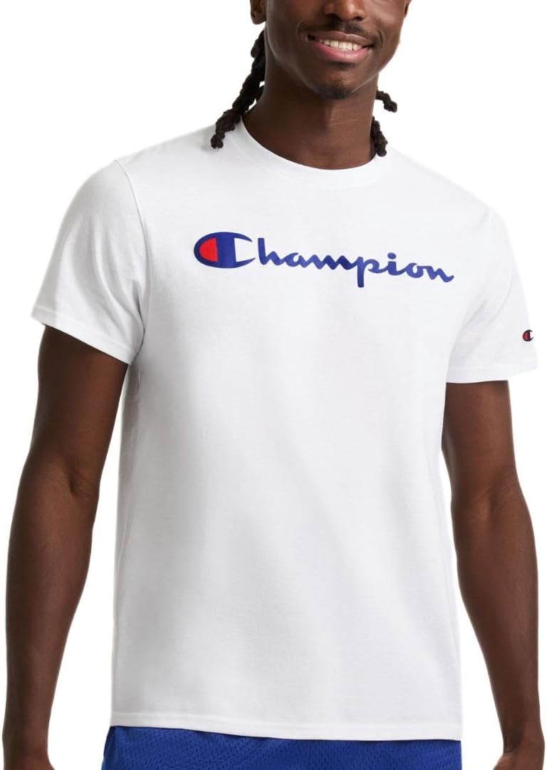 Detalle de Champion Men's Graphic Short Sleeve T-Shirt, Standard Fit, Classic Script Logo — Midweight 100% Cotton