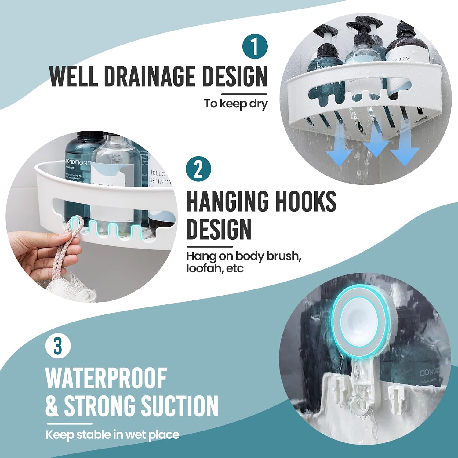 Thumbnail 6 de TAILI AW909 Corner Shower Caddy, White Plastic, Drill-Free Suction Mount