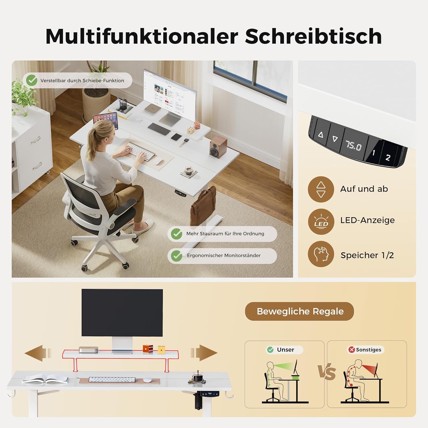 Thumbnail 3 de Agilestic höhenverstellbarer Schreibtisch 100 x 60 cm mit montierbarem Monitorständer – Weiß