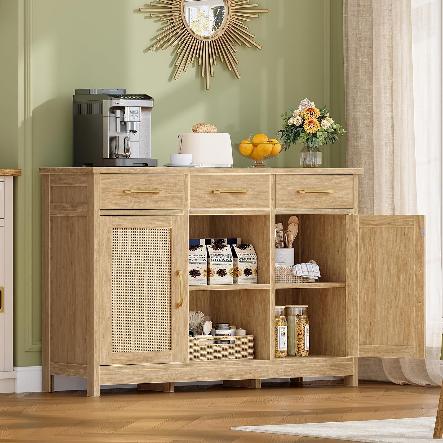 Detalle de TEENFON buffet cabinet Coffee Bar Sideboard with 3 Drawers and 2 Adjustable Shelves