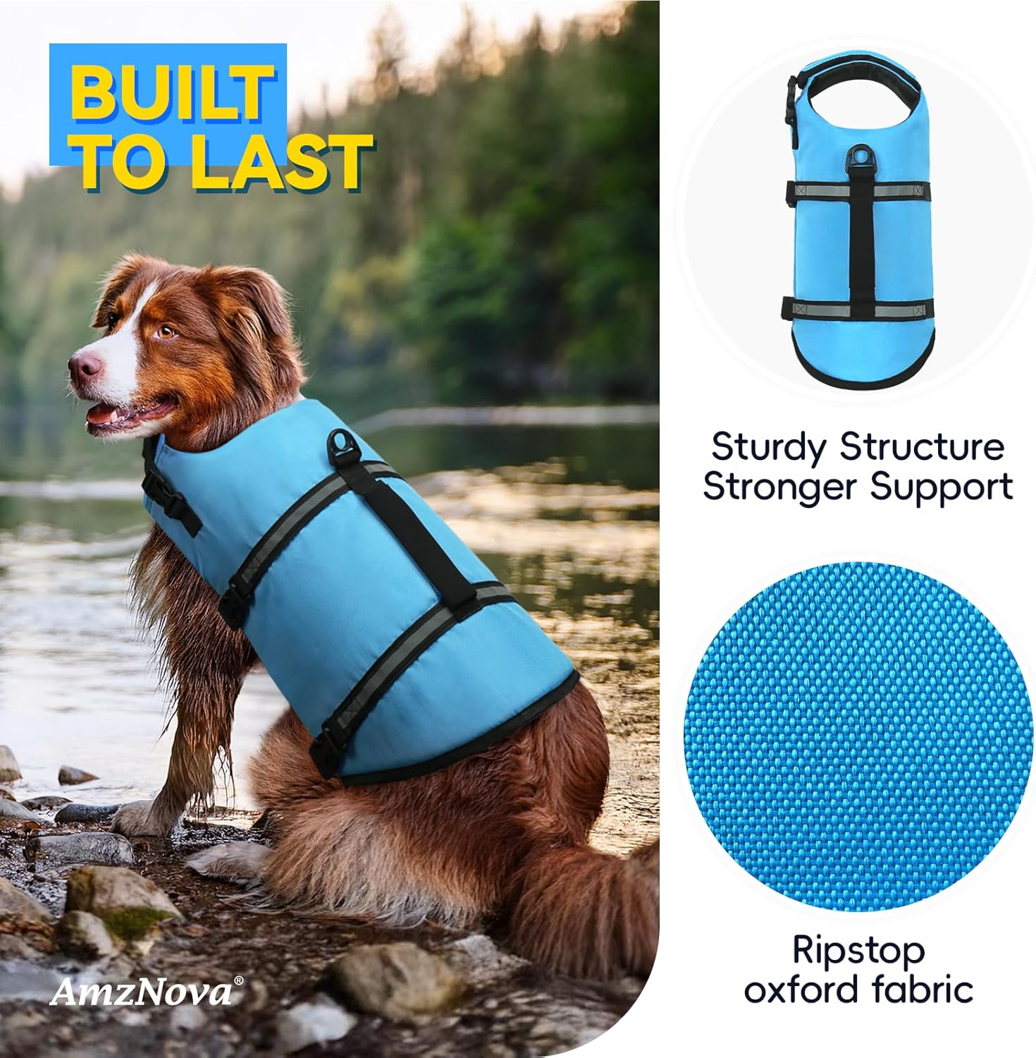 Thumbnail 1 de AMZNOVA Rip Stop Hundeschwimmweste für Bootfahren (Rettungsweste), XS, Blau