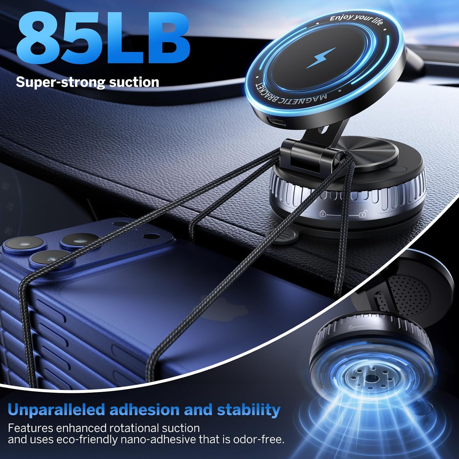 Detalle de VMKLY MagSafe Car Mount Charger with Vacuum Suction — 15W Wireless Phone Holder for Car
