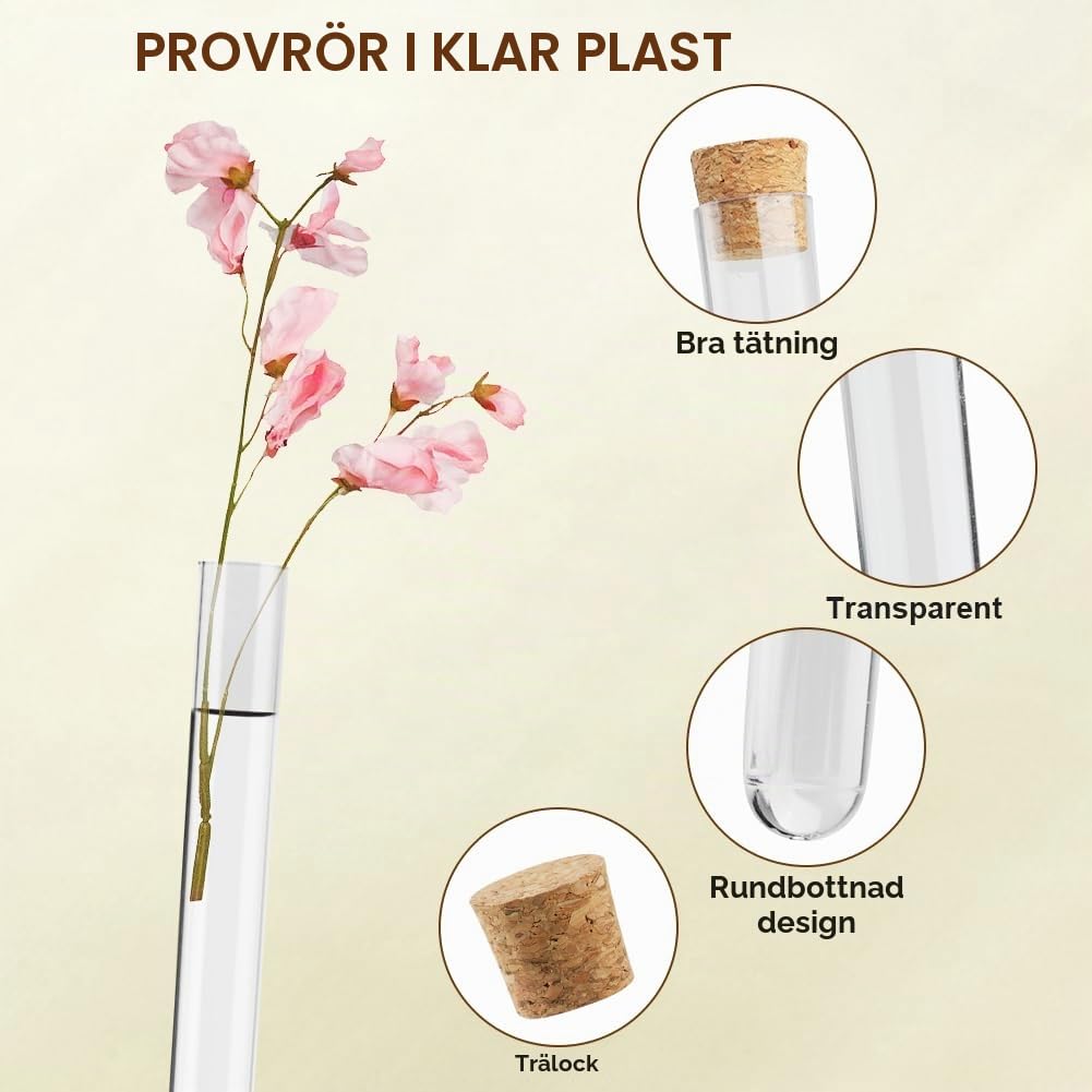 Detalle de OFFCUP provrörsset med 20 PET-rör, korklock och etiketter, 16 x 100 mm