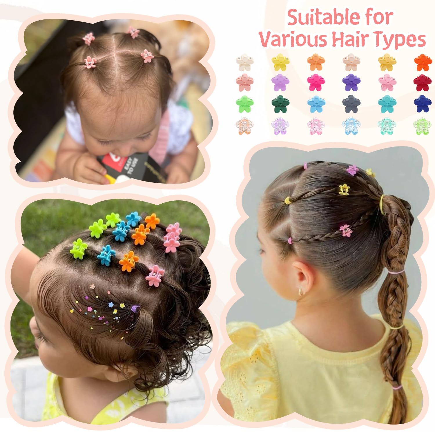 Detalle de CÉLLOT Mini Flower Hair Claw Clips, 96 Pieces in 24 Colors with Organizer