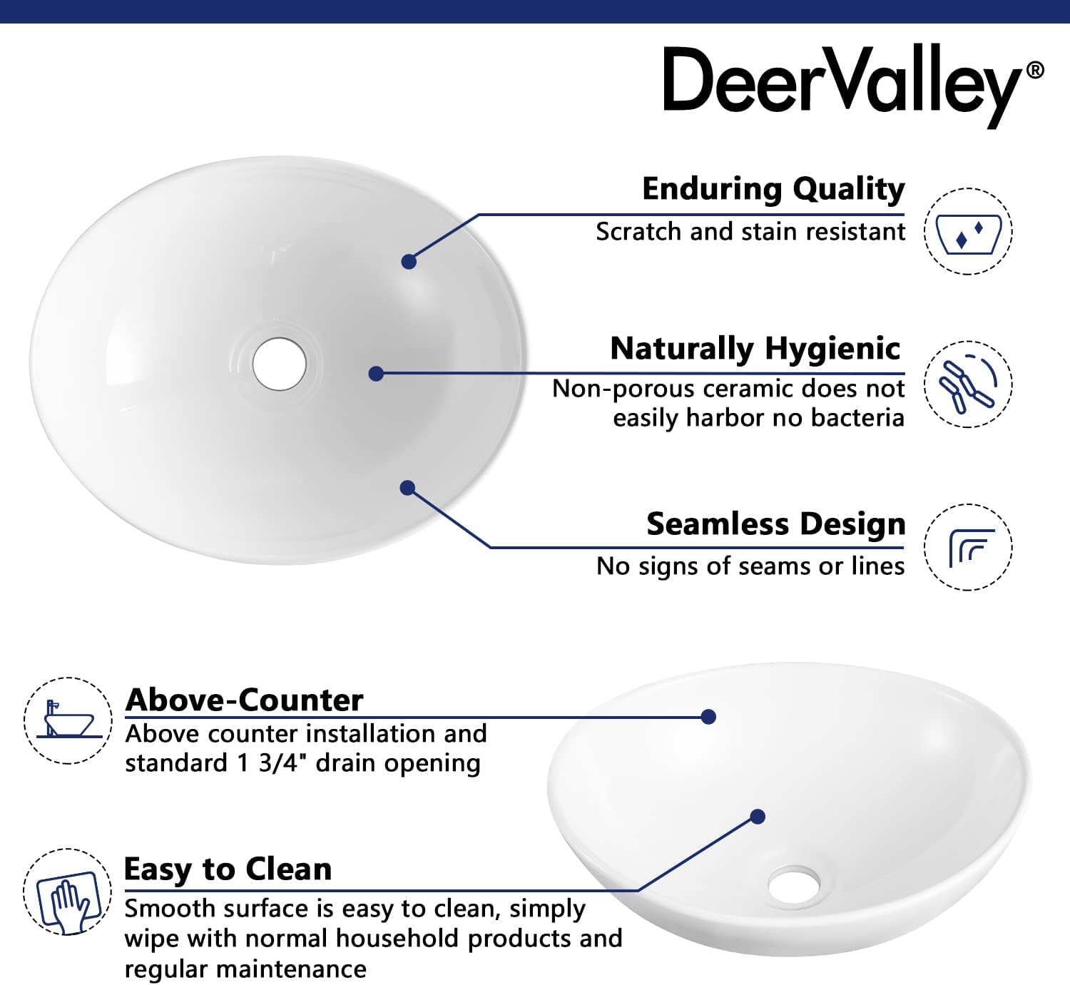 Detalle 1 de DeerValley DV-1V051 – owalna umywalka ceramiczna nablatowa, 40 × 33 × 14,5 cm
