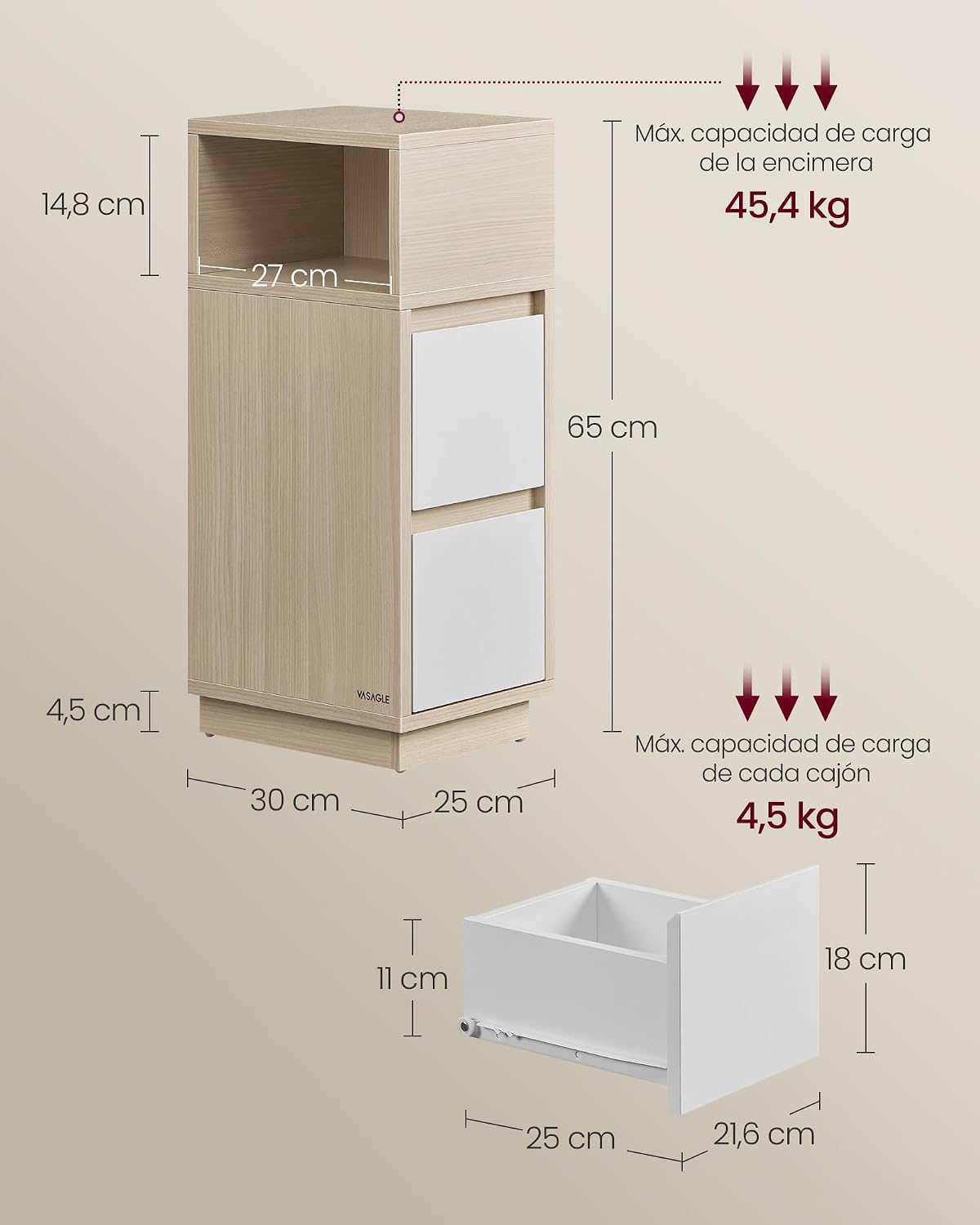 Detalle 1 de VASAGLE Kailyn Colección 🛏️ Juego de 2 Mesitas con Cajones y Compartimento