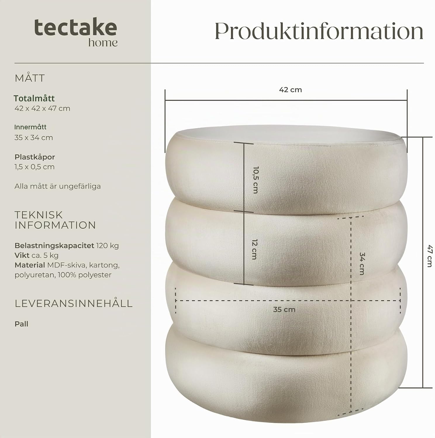 Thumbnail 2 de tectake 405357 sittpuff i sammetslook med förvaring, cremevit