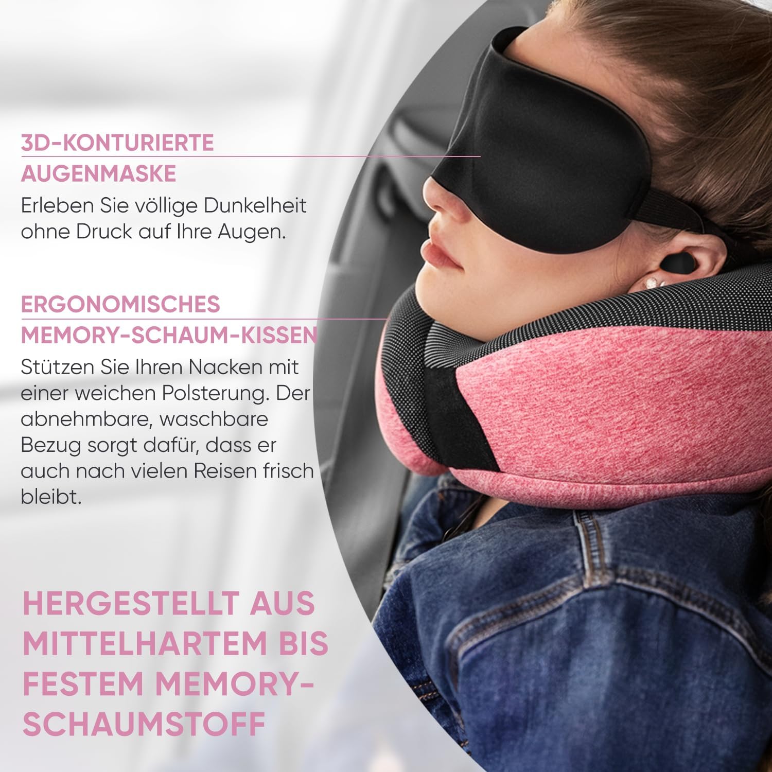 Detalle de Proglobe Nackenkissen Flugzeug – Reisekissen aus Memory Foam, 100% Memory Foam, Rosa