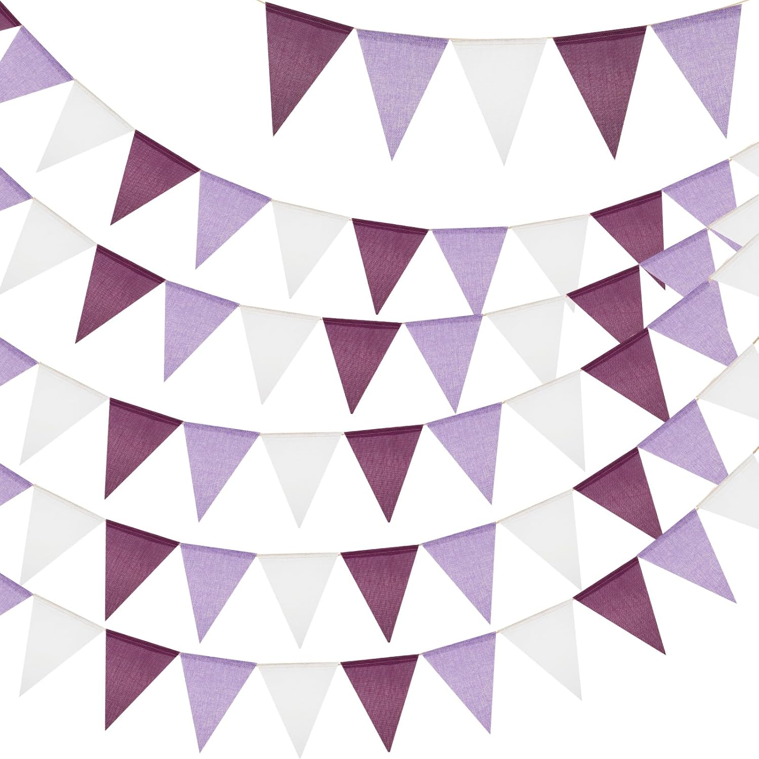 G2PLUS Purple White Burlap Triangle Bunting (60 pieces) – Reusable waterproof hessian party flags, 20m for weddings, baby showers & garden décor