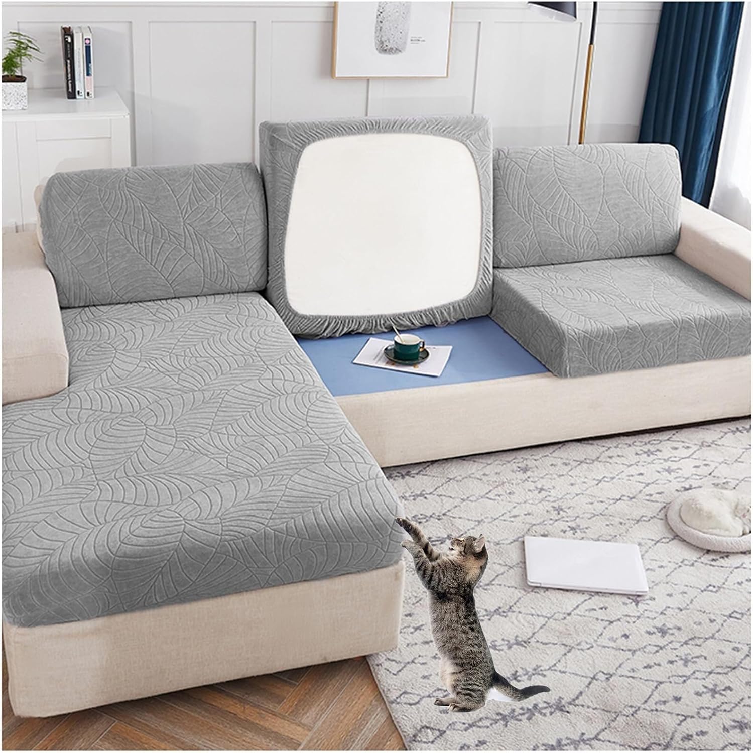 Detalle de YUMEIGE boqu Couch Covers ryggstödsskydd, ljusgrått med elastisk halkskyddsdesign