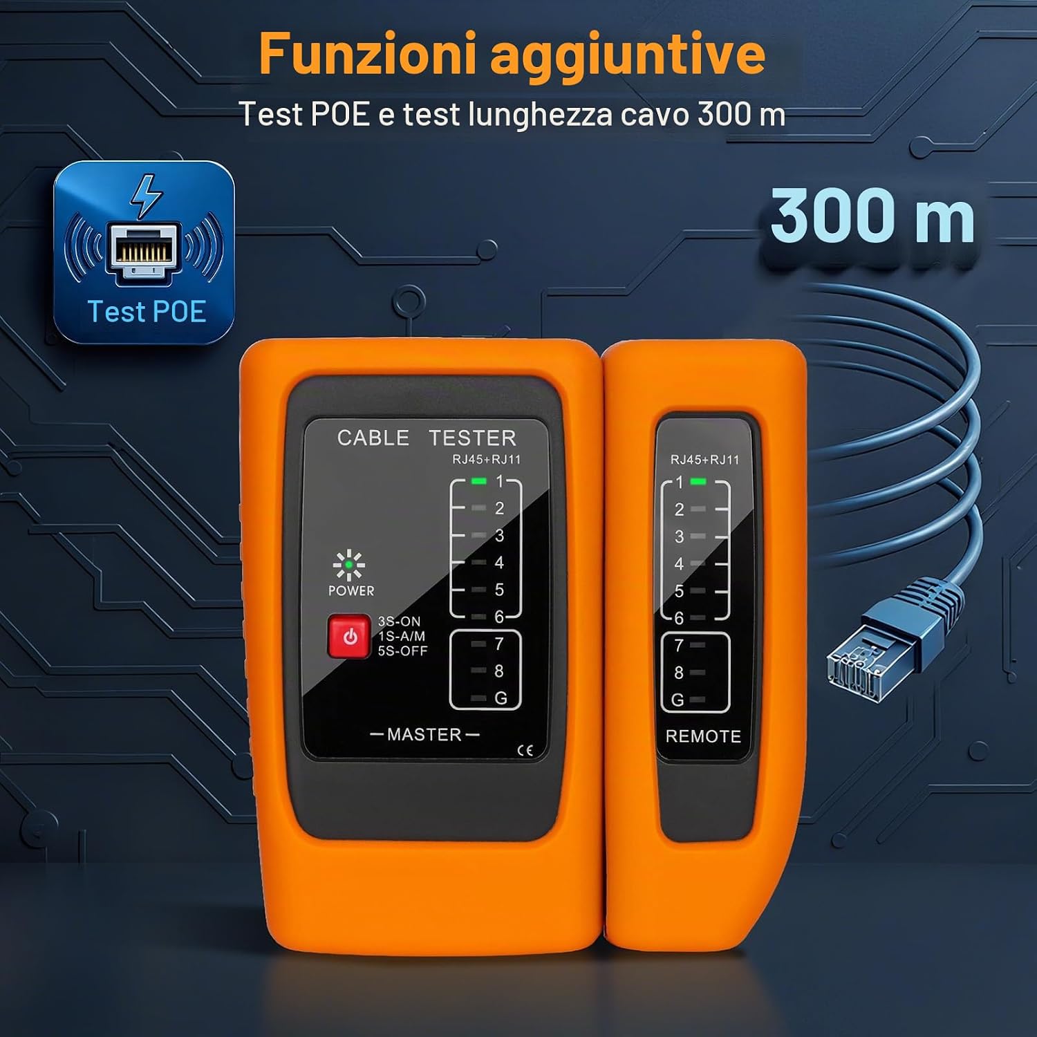 Detalle de Hiija Tester Cavi di Rete RJ45 RJ11 con test PoE fino a 300 m – Diagnosi guasti e lunghezza cavo
