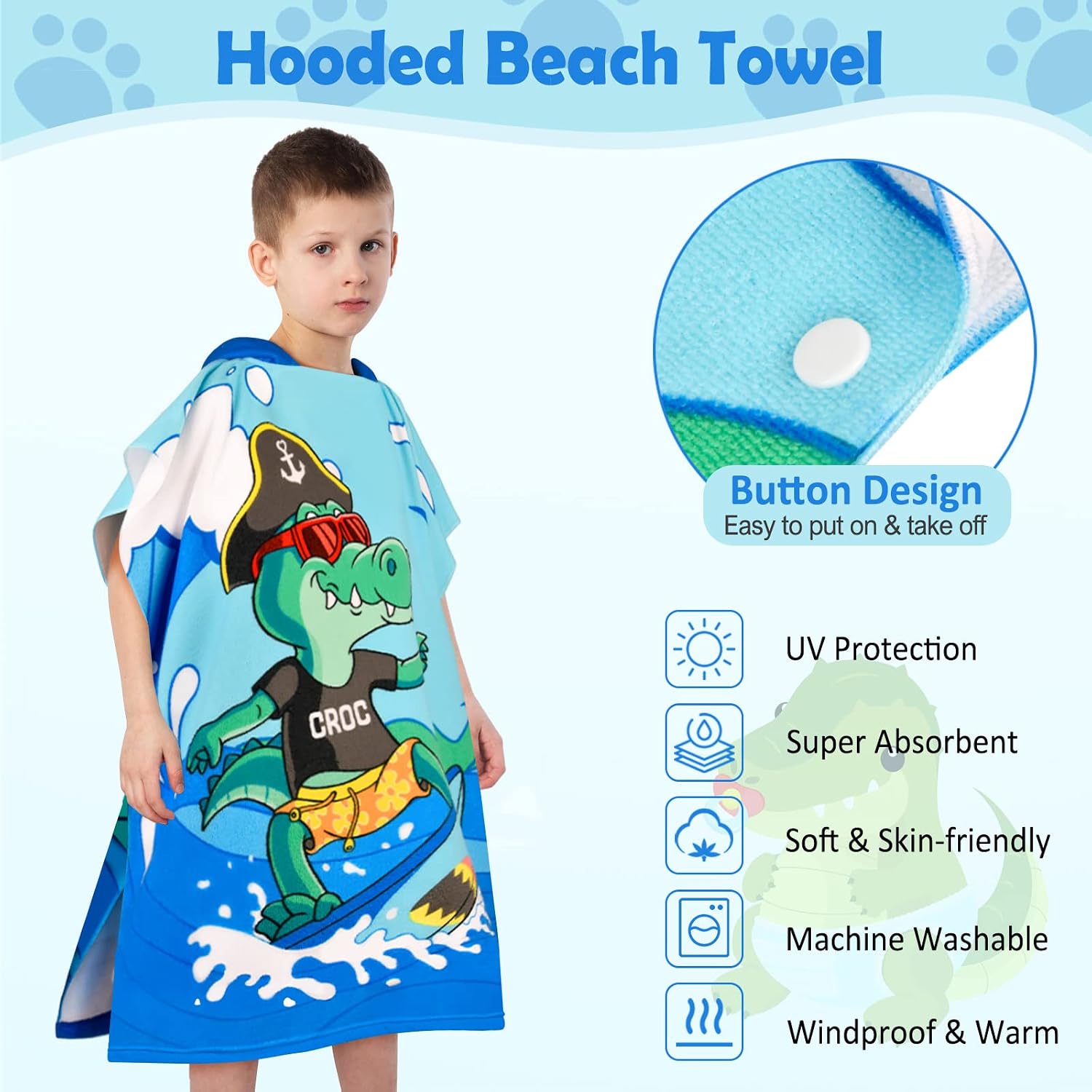 Detalle de BTNEEU Poncho de Bain Enfant avec Capuche: Serviette de Plage absorbante et séchage rapide pour enfants 6–12 ans