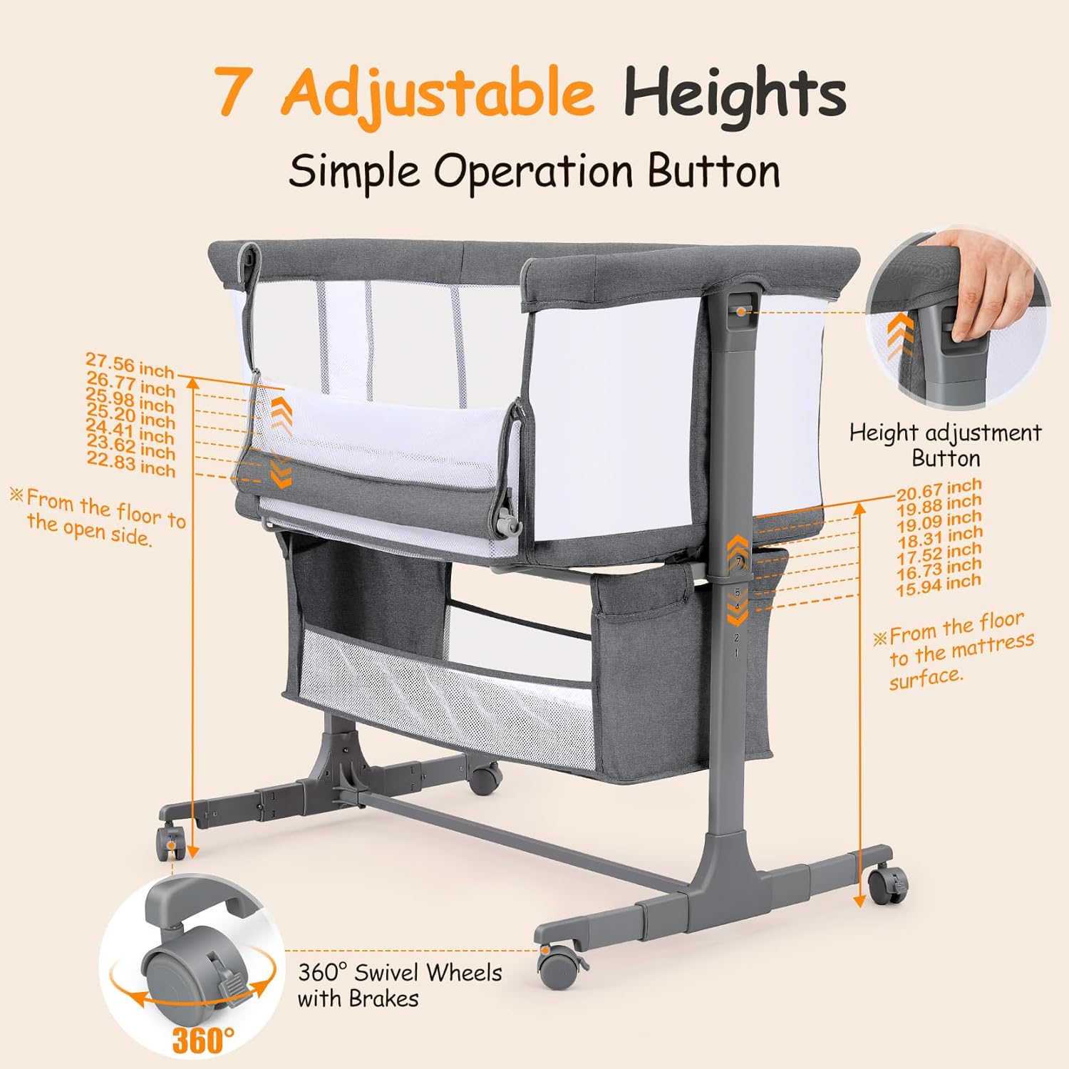 Detalle de Growaystory Beistellbett mit Co-Sleeper-Funktion (Bassinet) – bettseitiger Baby-Nachttisch mit Rädern, Stauraum und 7-fach Höhenverstellung