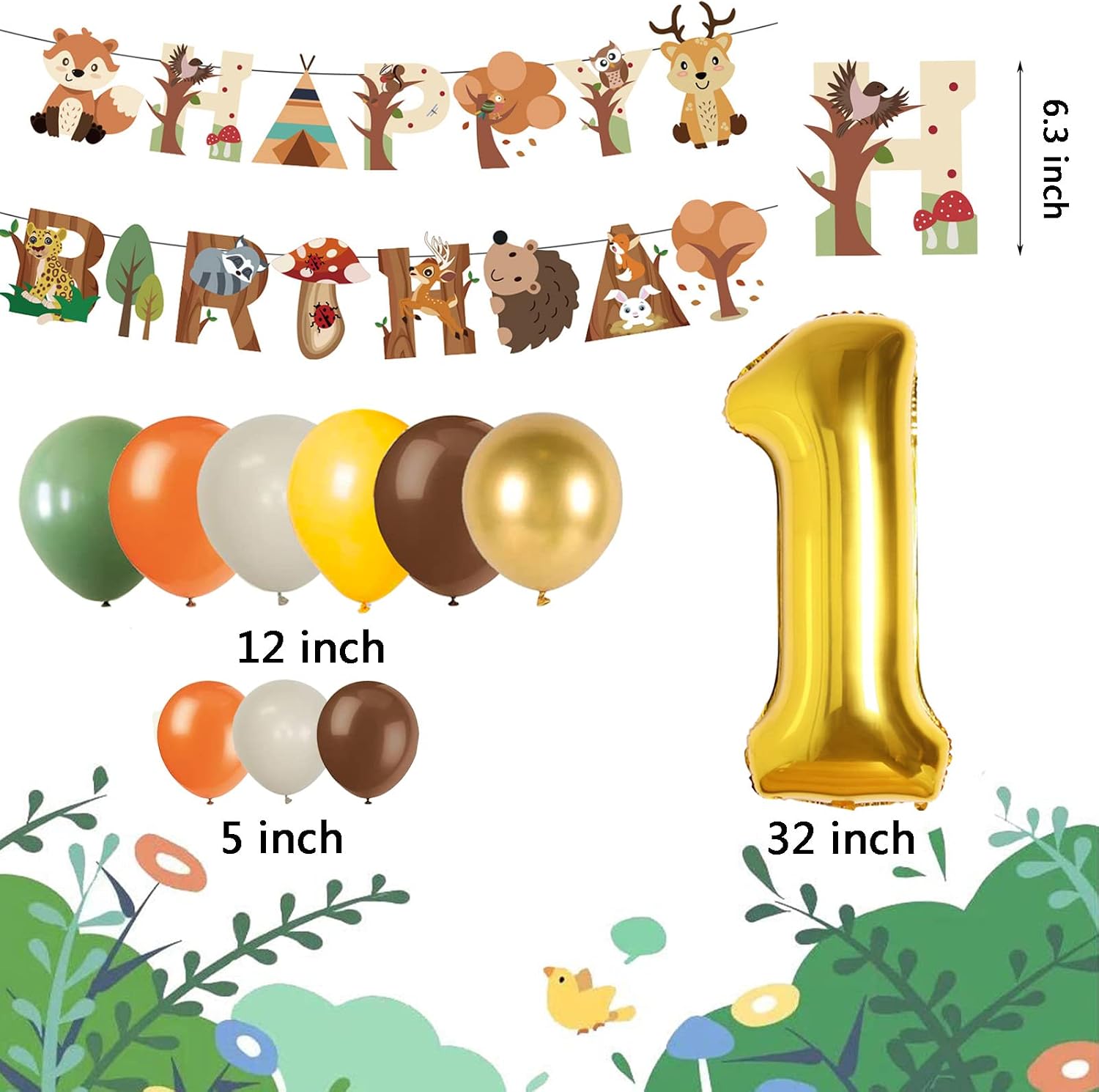 Detalle de MUSELK verjaardagsdecoratieset bosdieren met 51 ballonnen en cijfer 1