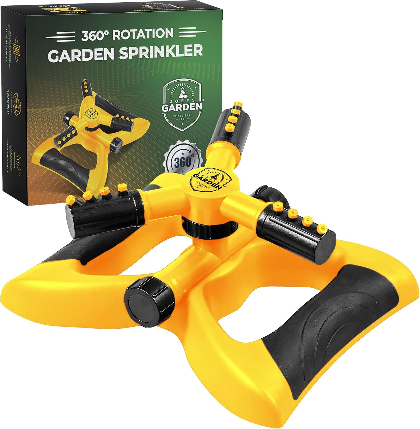 Detalle de Joeys Garden Sprinkler Rotating Lawn Sprinkler, 360° Coverage, Yellow