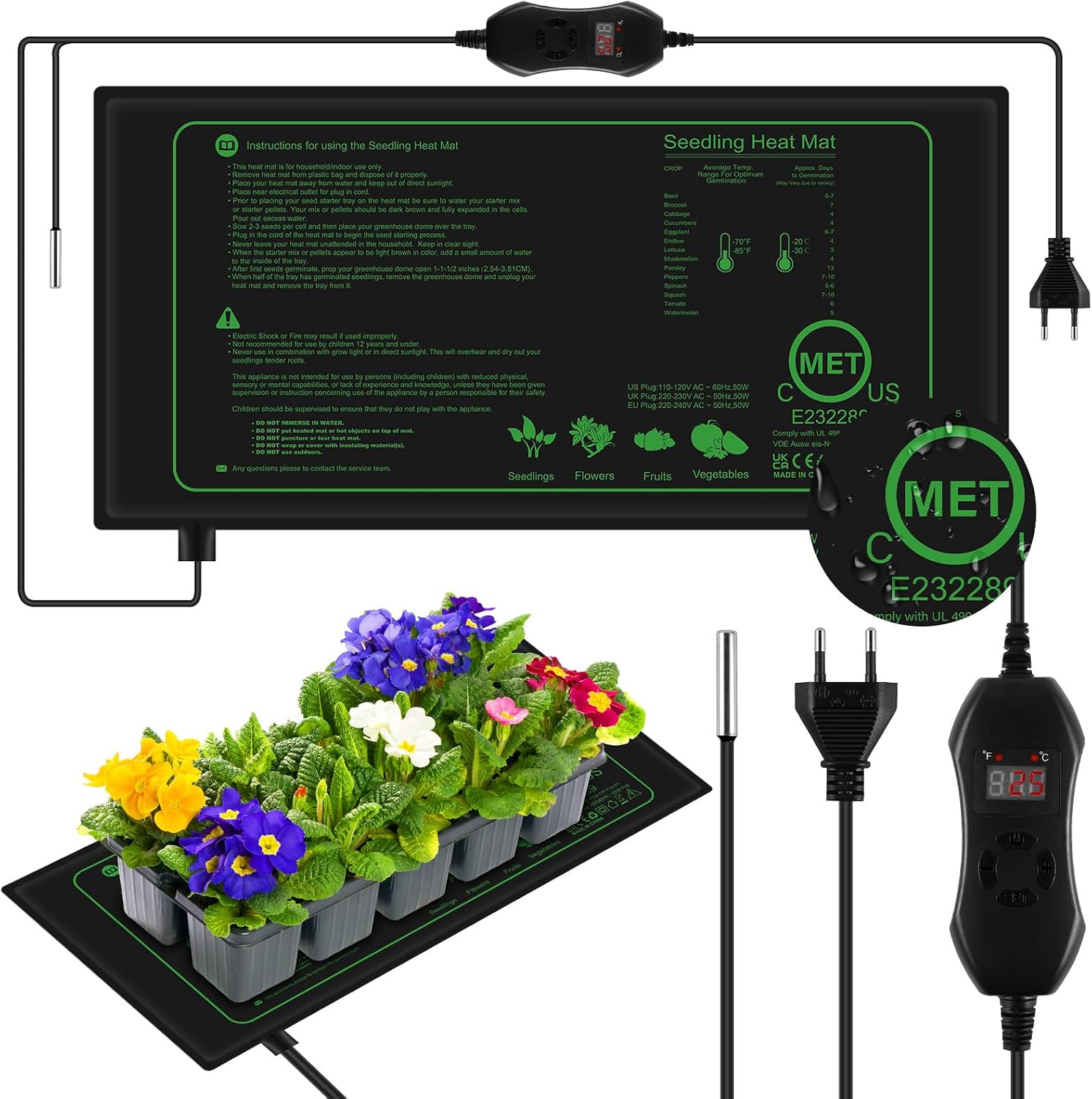 Detalle de AOOWU 50 W värmematta för växter med termostat, 52,5 x 25 cm