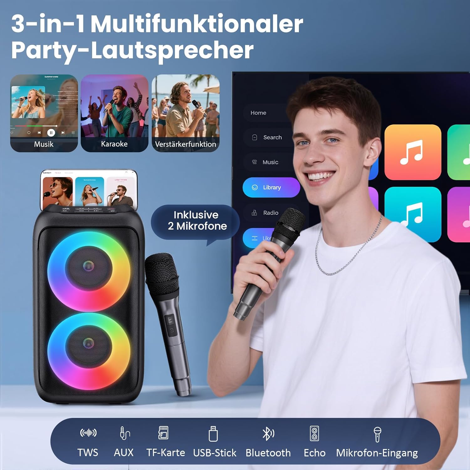 Thumbnail 1 de Partybox Bluetooth Party Lautsprecher mit 2 kabellosen Mikrofonen – 3-in-1 Karaoke-Box für Zuhause und Unterwegs