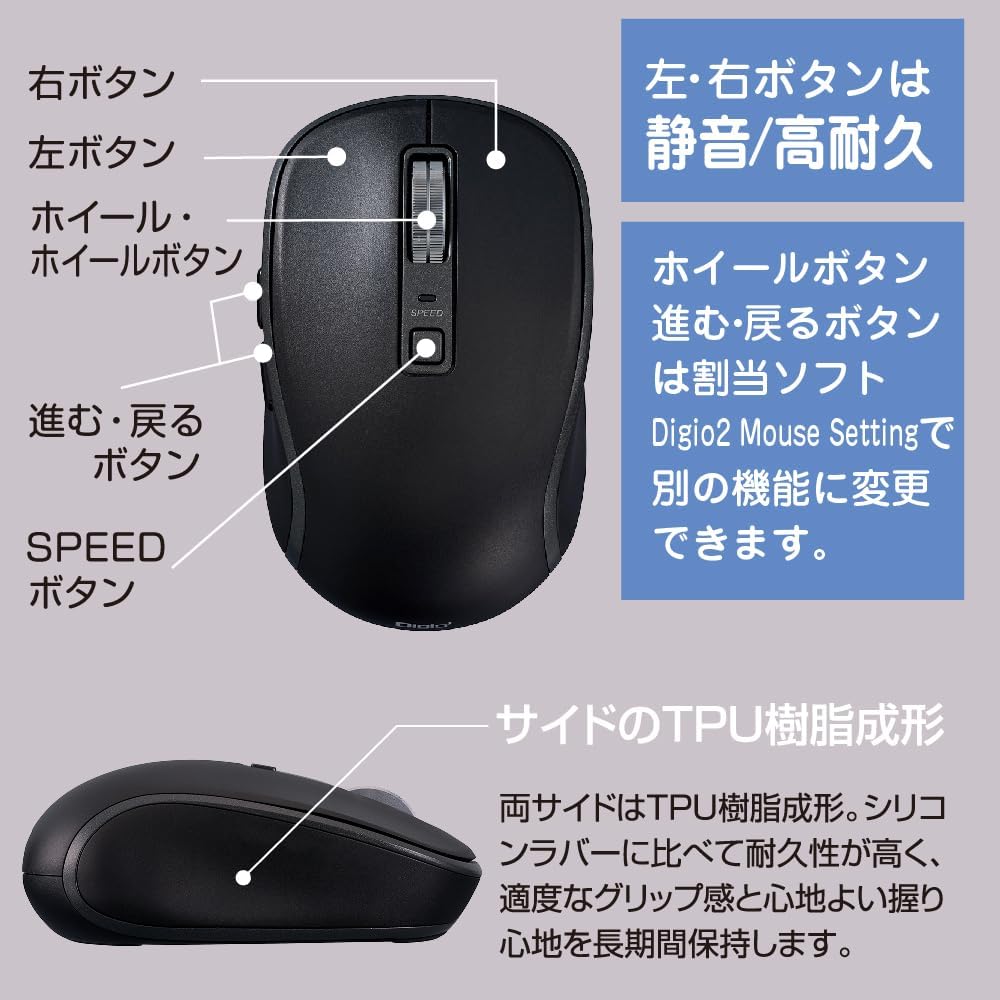 Detalle de ナカバヤシ Digio2 Z0180 ワイヤレスマウス 静音5ボタン BlueLED ネイビー