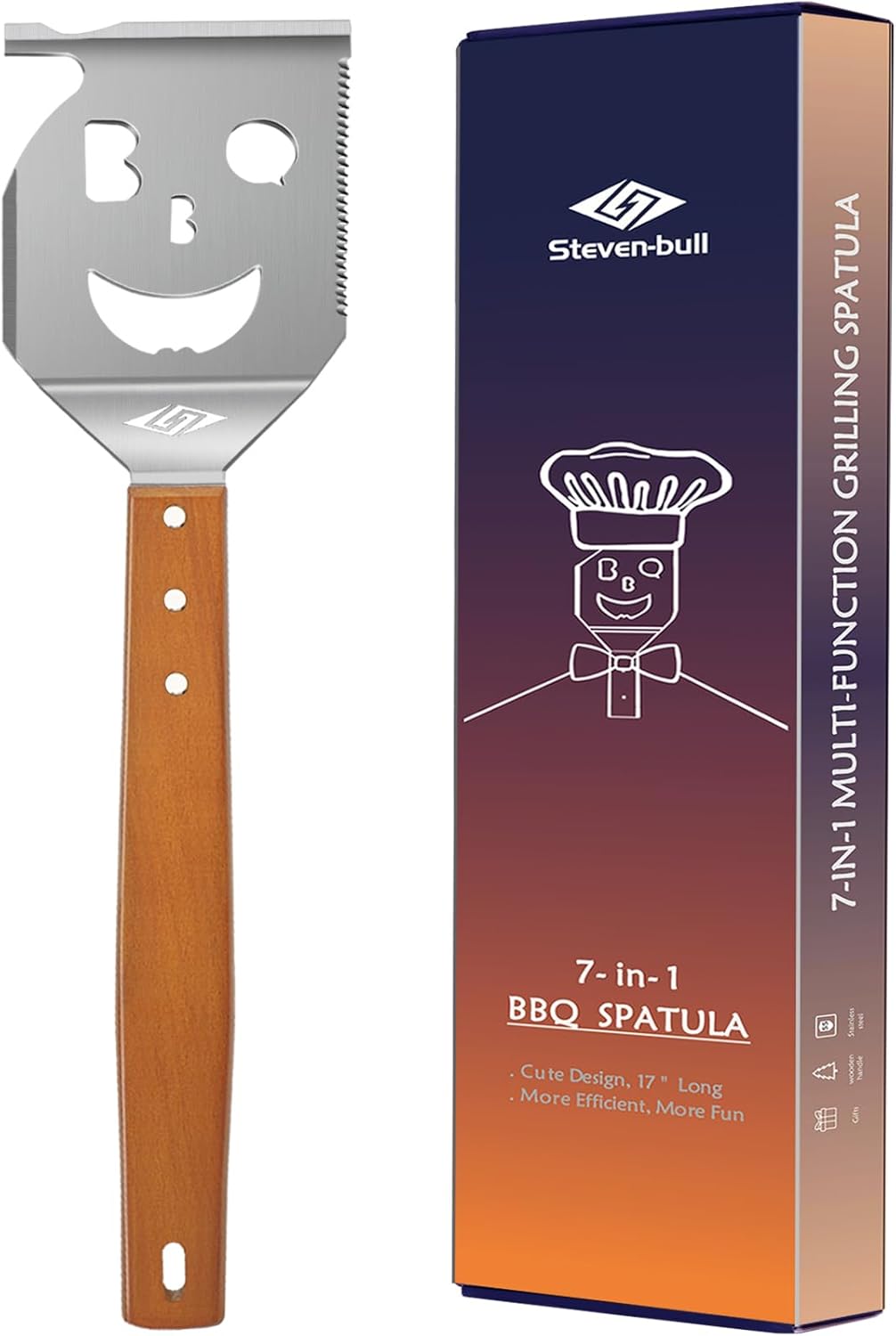 Grillspatel für Grill – 7-in-1-Grillwerkzeug mit Holzgriff (Smiley-Grill-Spatel)