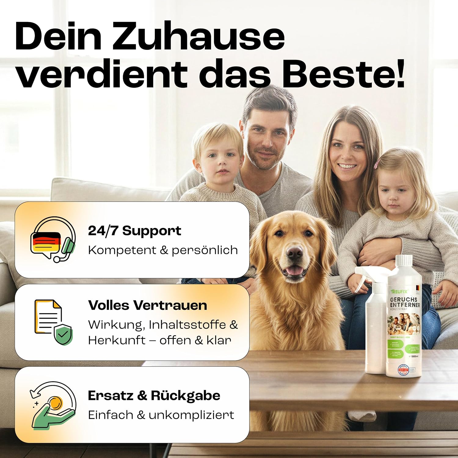 Thumbnail 6 de Treufix Geruchsentferner Konzentrat 1 L inkl. 500 ml Mischflasche – Enzymreiniger gegen Urin, Schweiß & Alltagsgerüche