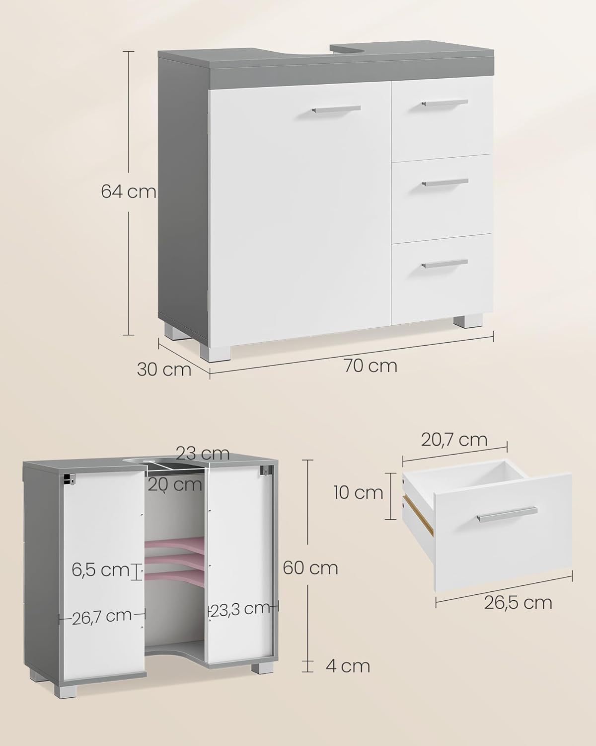 Thumbnail 2 de VASAGLE Mobile sottolavabo per bagno BBK504W02 – Bianco Nuvola e Grigio Tortora, 3 cassetti laterali e 2 scomparti