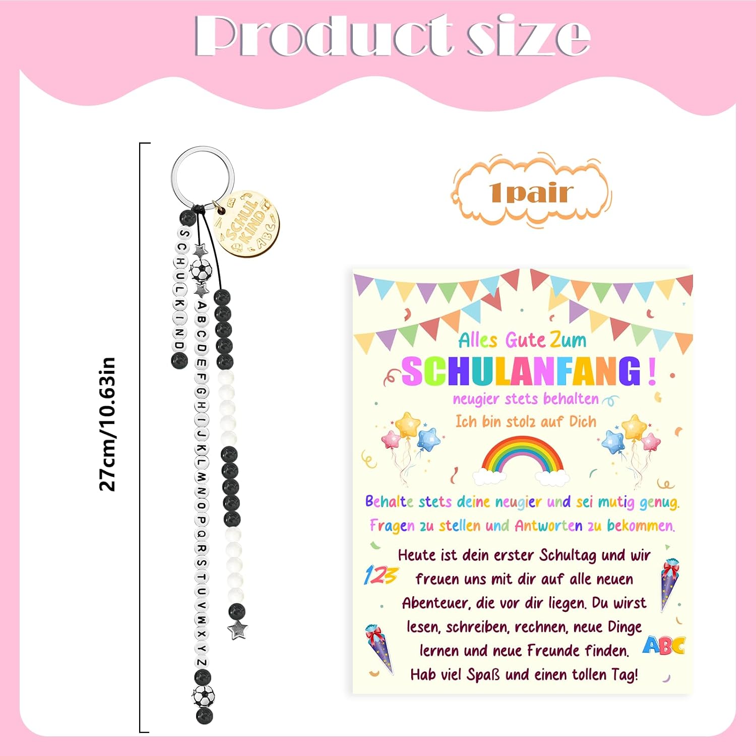 Detalle 2 de UTEFIF Schulkind Geschenk – Rechenkette Schultüte mit Schulanfang Glücksbringer plus Grußkarte (schwarz)