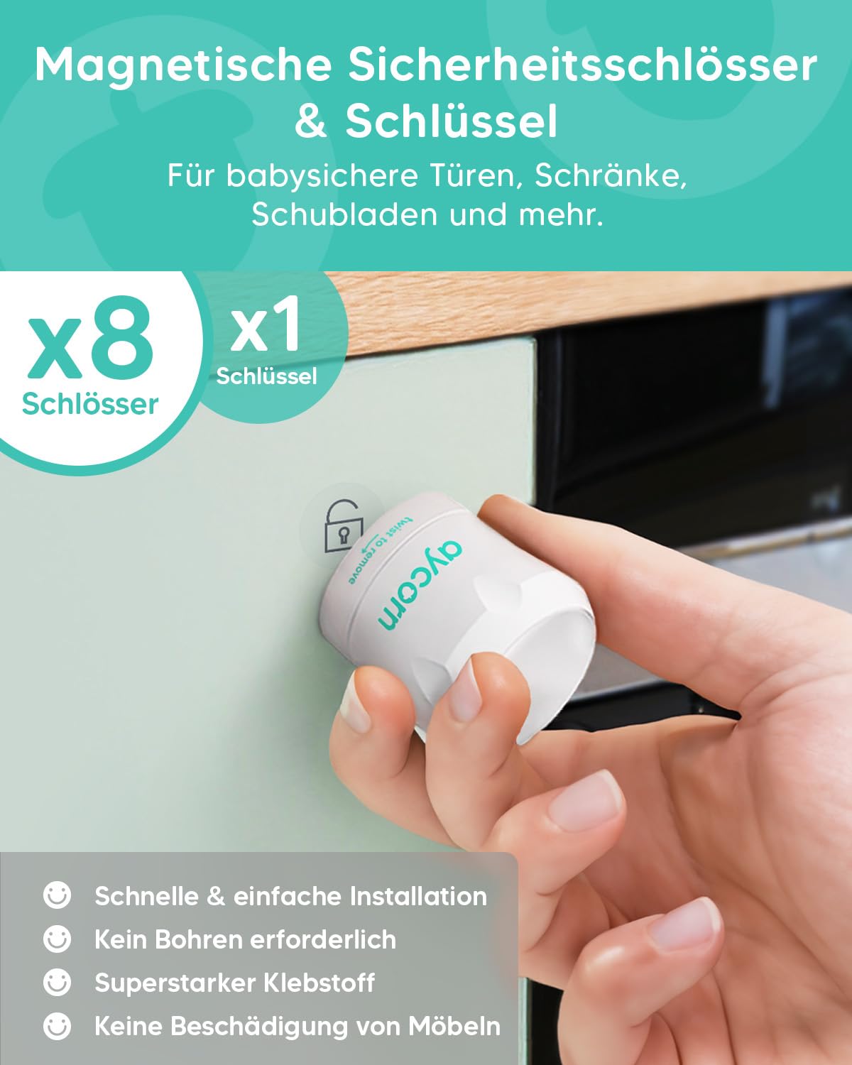 Thumbnail 2 de Aycorn Kindersicherung Set (24 Teile) – magnetische Schrankschlösser, Eckschutz, Türstopper und Ofenschloss (ohne Bohren)