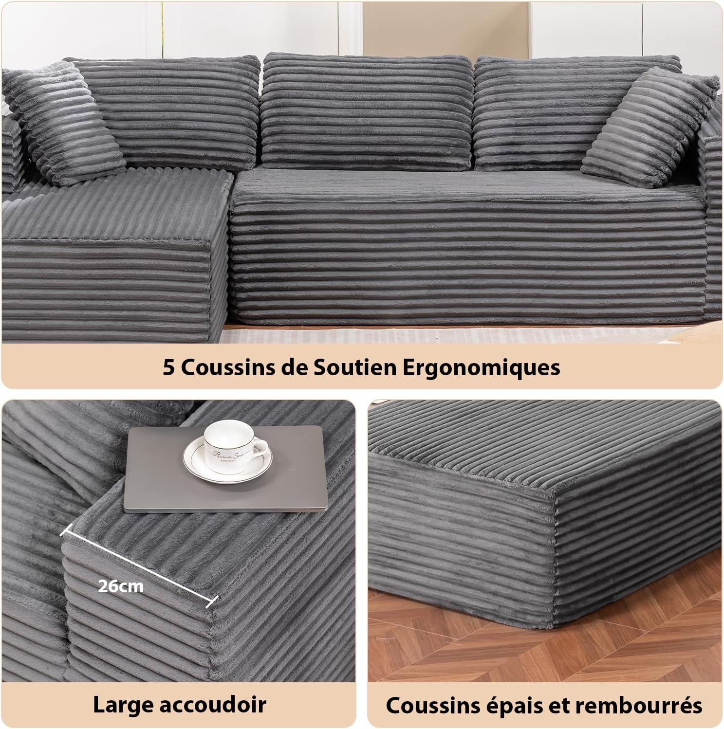 Detalle de COMHOMA Canapé d’angle en forme de L modulable 3 places en velours côtelé gris
