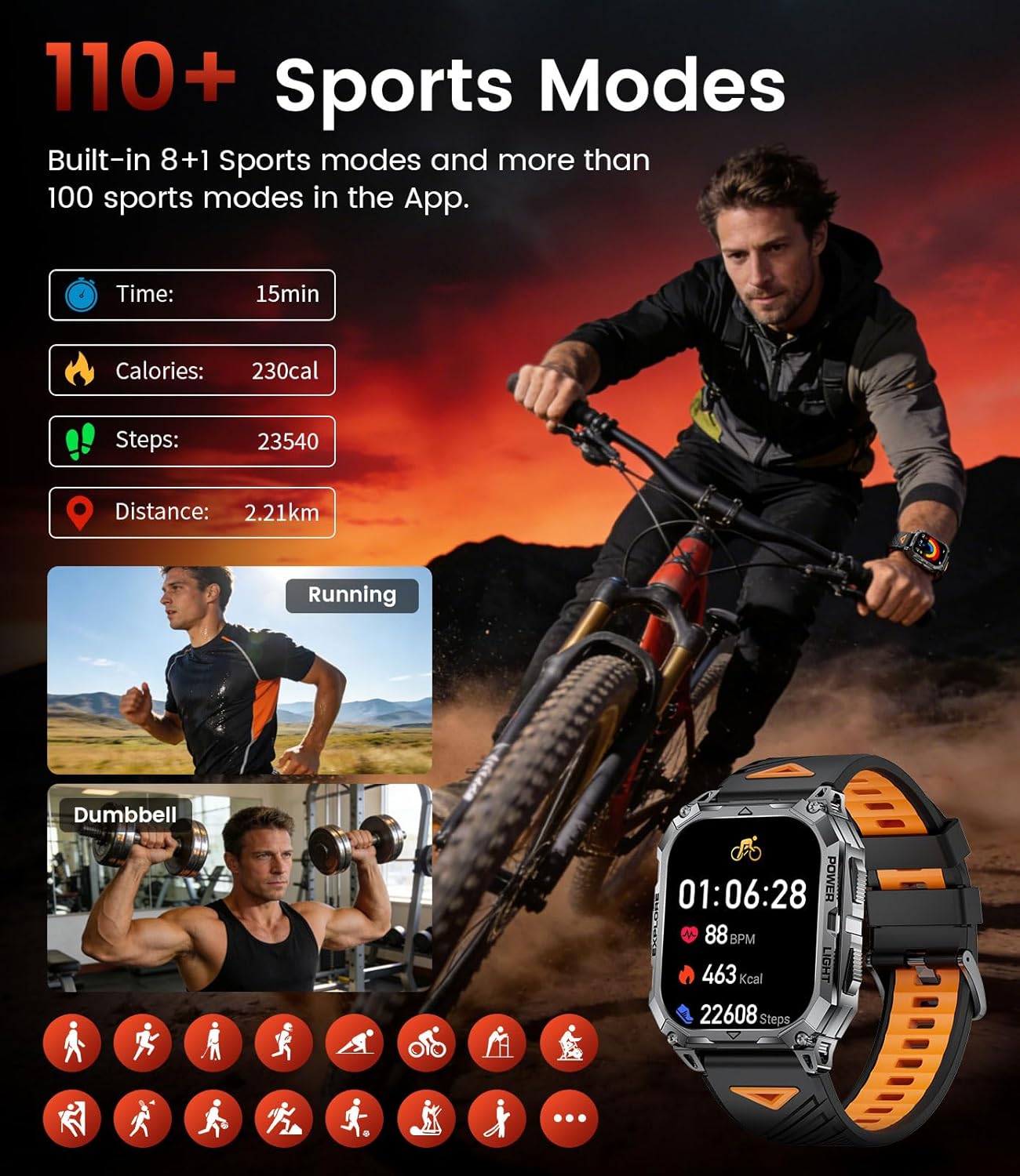 Thumbnail 5 de Montre connectée homme militaire TX13 2,01" HD — appels Bluetooth, IP68, batterie 900 mAh et 100+ modes sportifs (noir-orange)