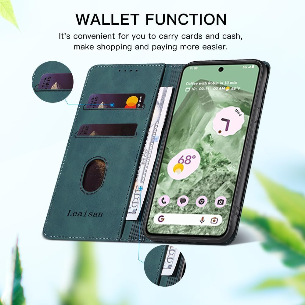 Thumbnail 2 de Leaisan Flip-Hülle aus Leder für Google Pixel 8 5G – Malachitgrün, Kartenfächer & Standfunktion