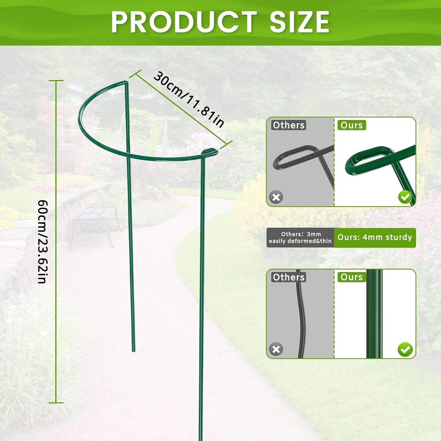 Detalle de LyTaispuly 8 PCS 60cm High Plant Support Stakes – Strong Green Half-Round Rings with Self-Watering Spikes