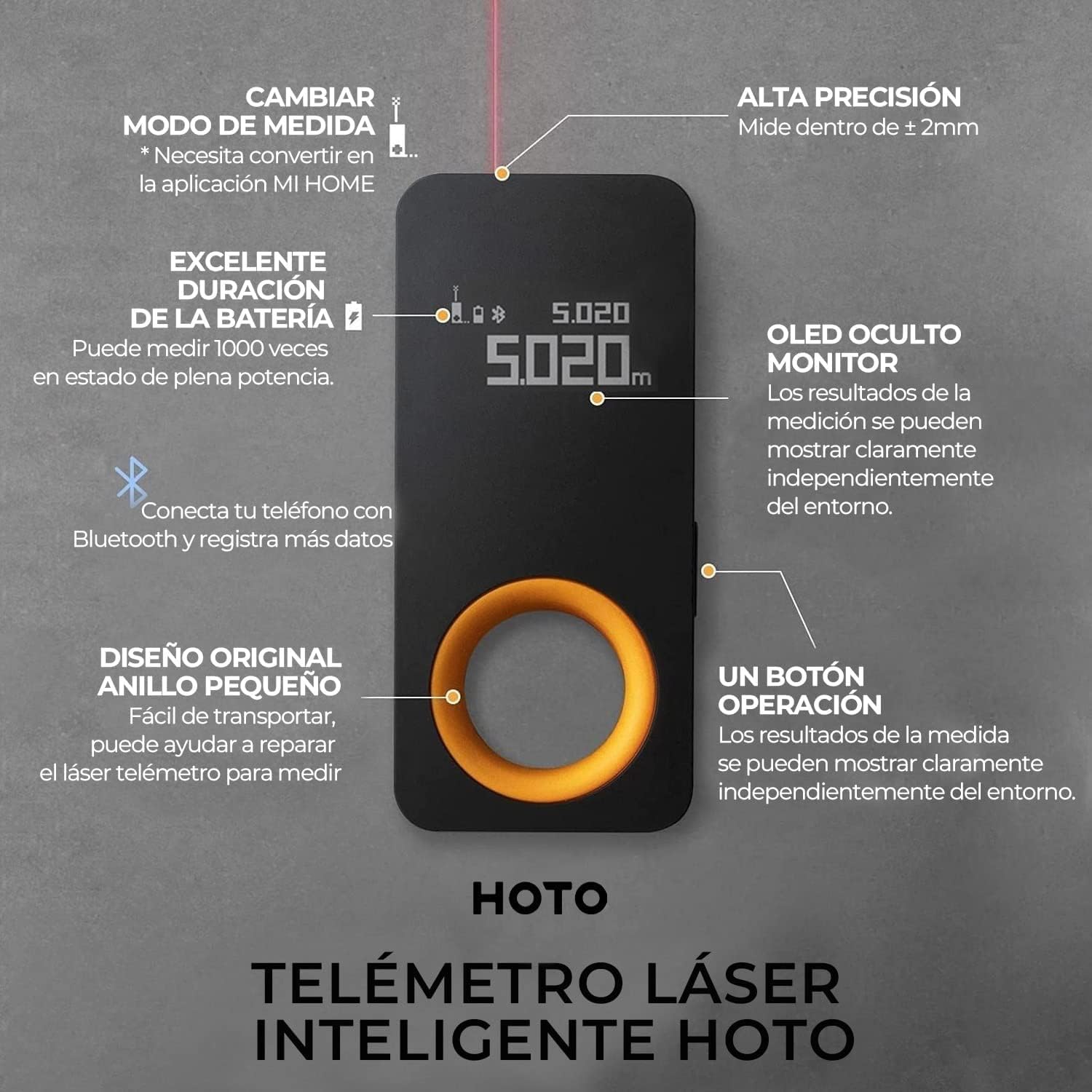 Detalle de HOTO Telémetro Láser con Bluetooth y pantalla OLED (0.05–30 m, ±2 mm) con carga Type-C