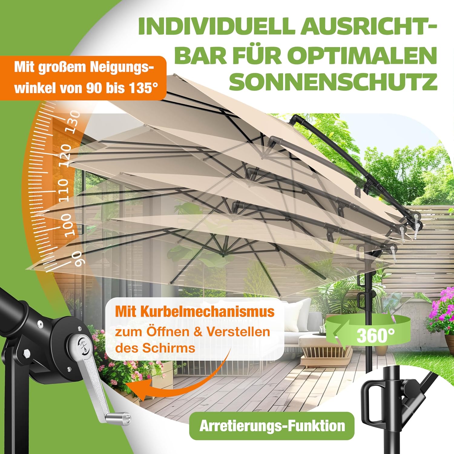 Thumbnail 4 de KESSER Sonnenschirm 250x250 cm – Kurbelschirm aus Aluminium, UV-Schutz, Windfest, Beige